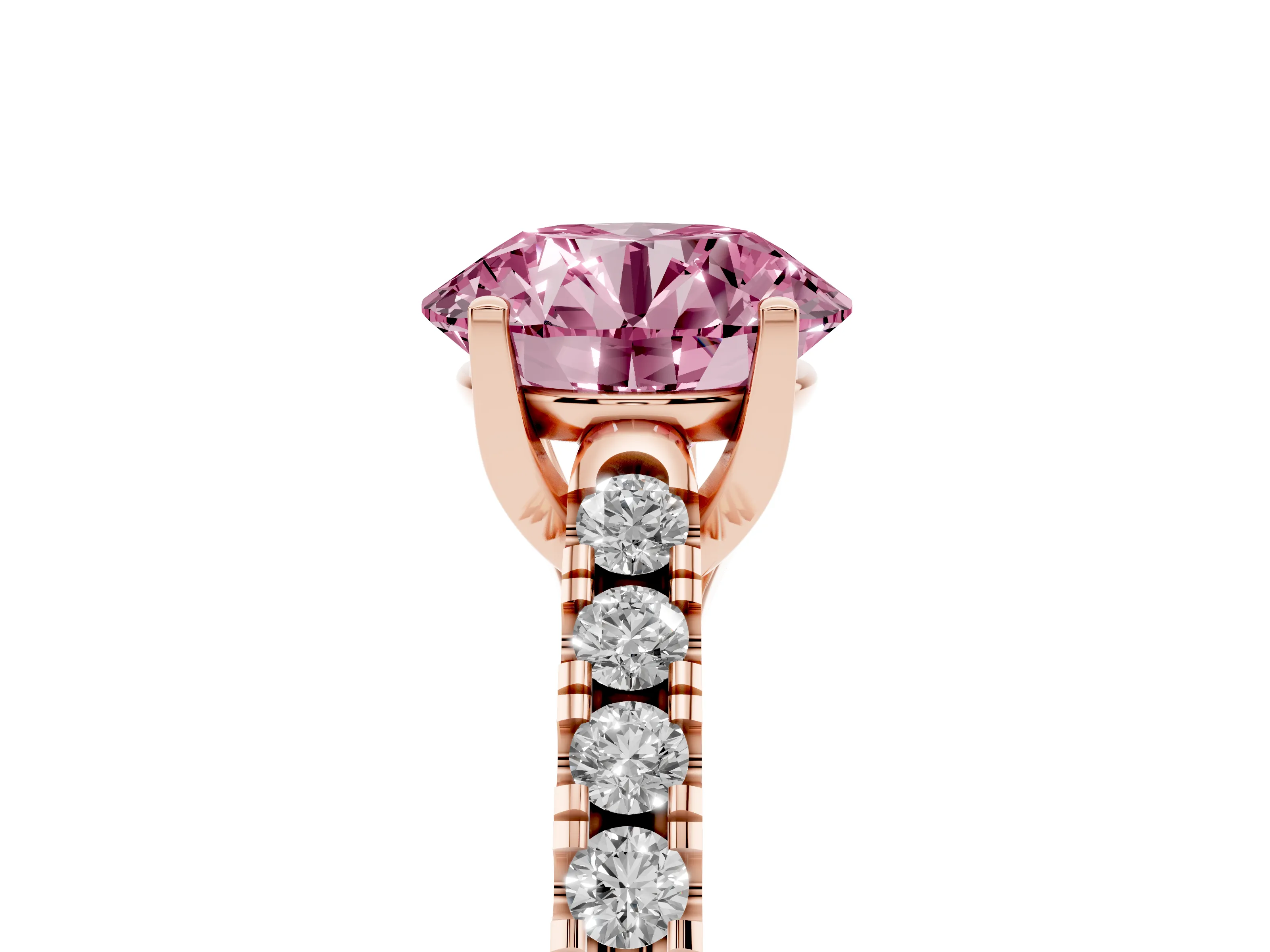 Fancy Pink Round Cut Diamond Pavé Band Solitaire Ring Set in Rose gold with Partway Accent Stones and Prong Setting