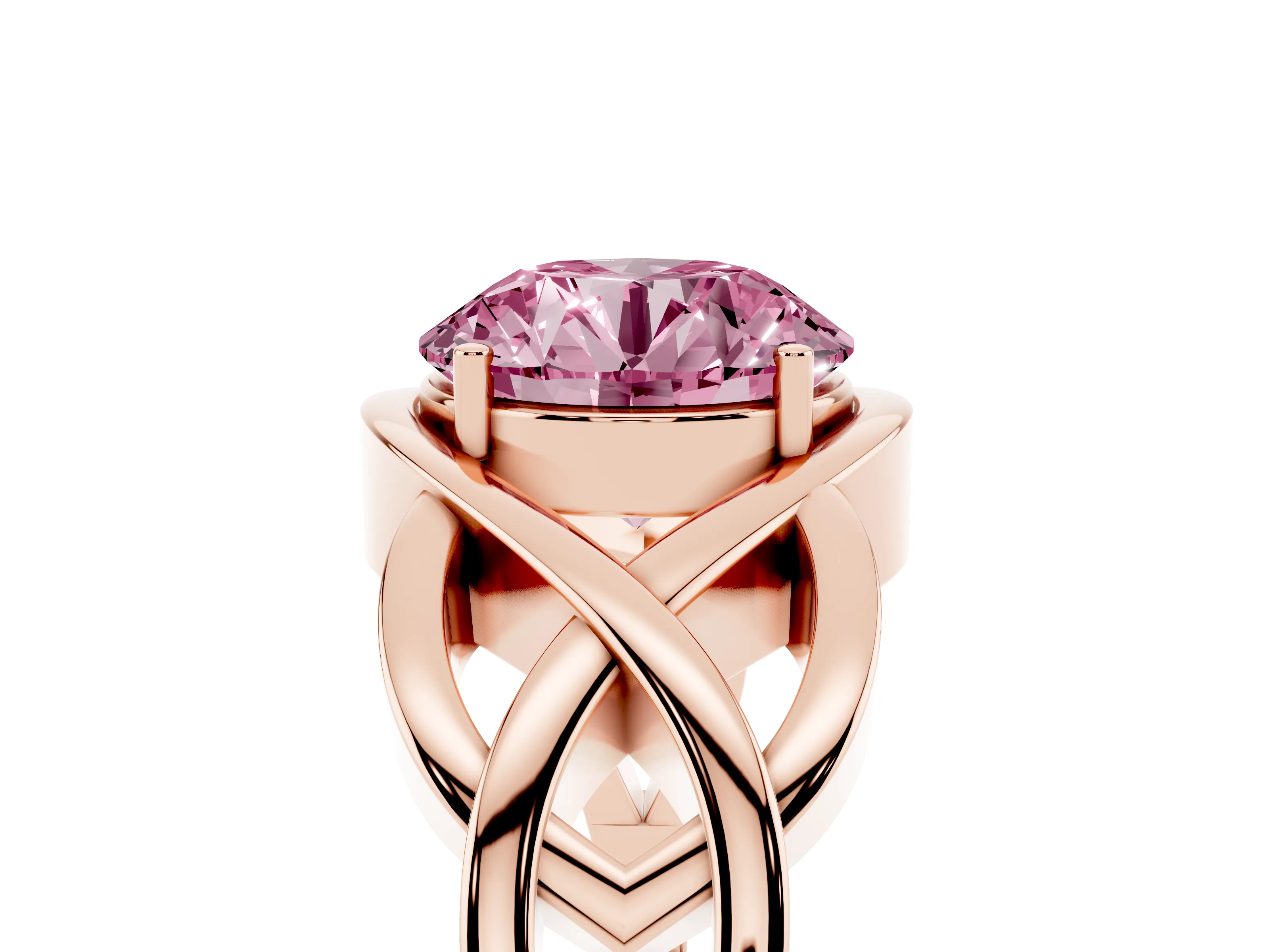Fancy Pink Round Cut Diamond Solitaire Ring Set in Rose gold with Intertwined Band