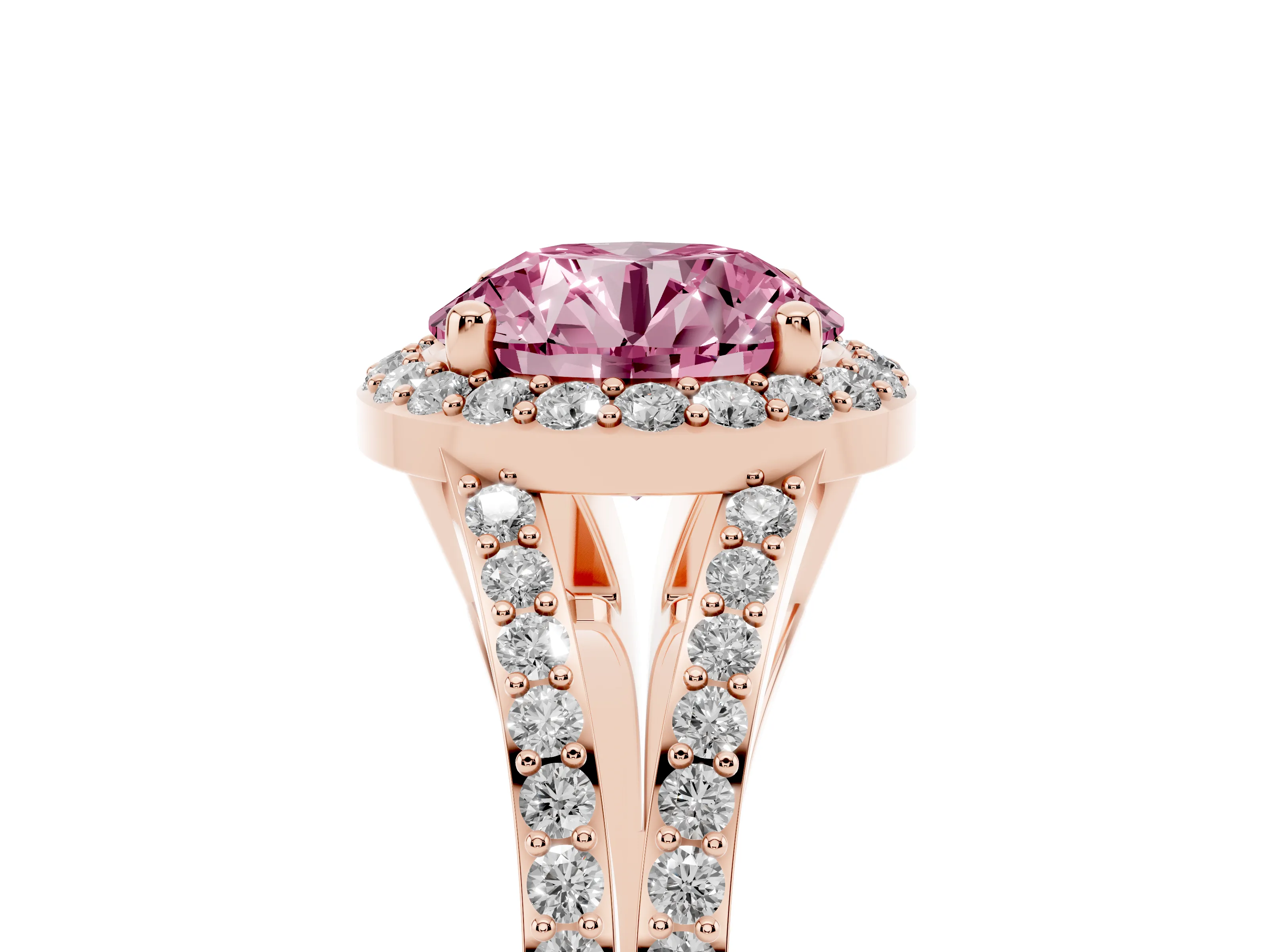 Fancy Pink Round Cut Diamond Halo Split Shank Pavé Ring Set in Rose gold with Prong Setting