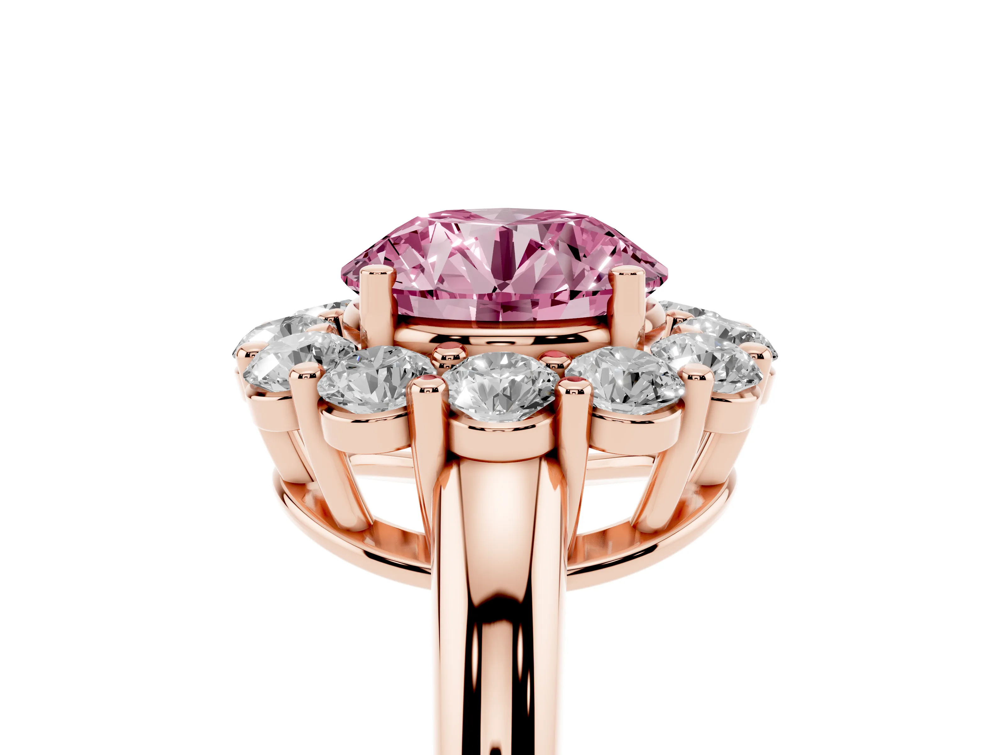 Fancy Pink Round Cut Diamond Halo Cluster Engagement Ring Set in Rose gold with Polished Band and Prong Setting