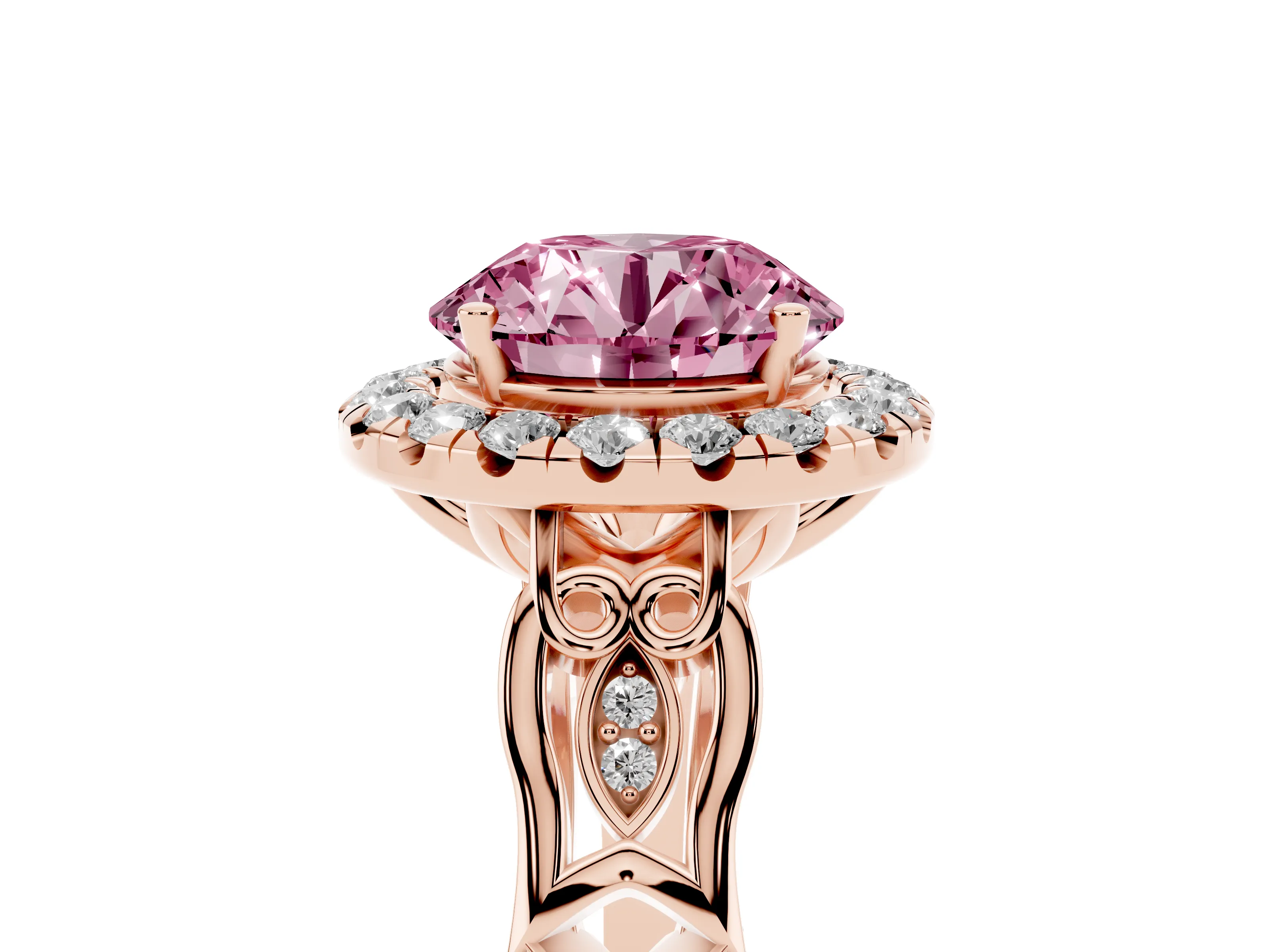 Round Vintage Halo Engagement Ring Setting for a Fancy Pink Lab-Grown Diamond | Pierced Filigree Shoulders | Rose Gold