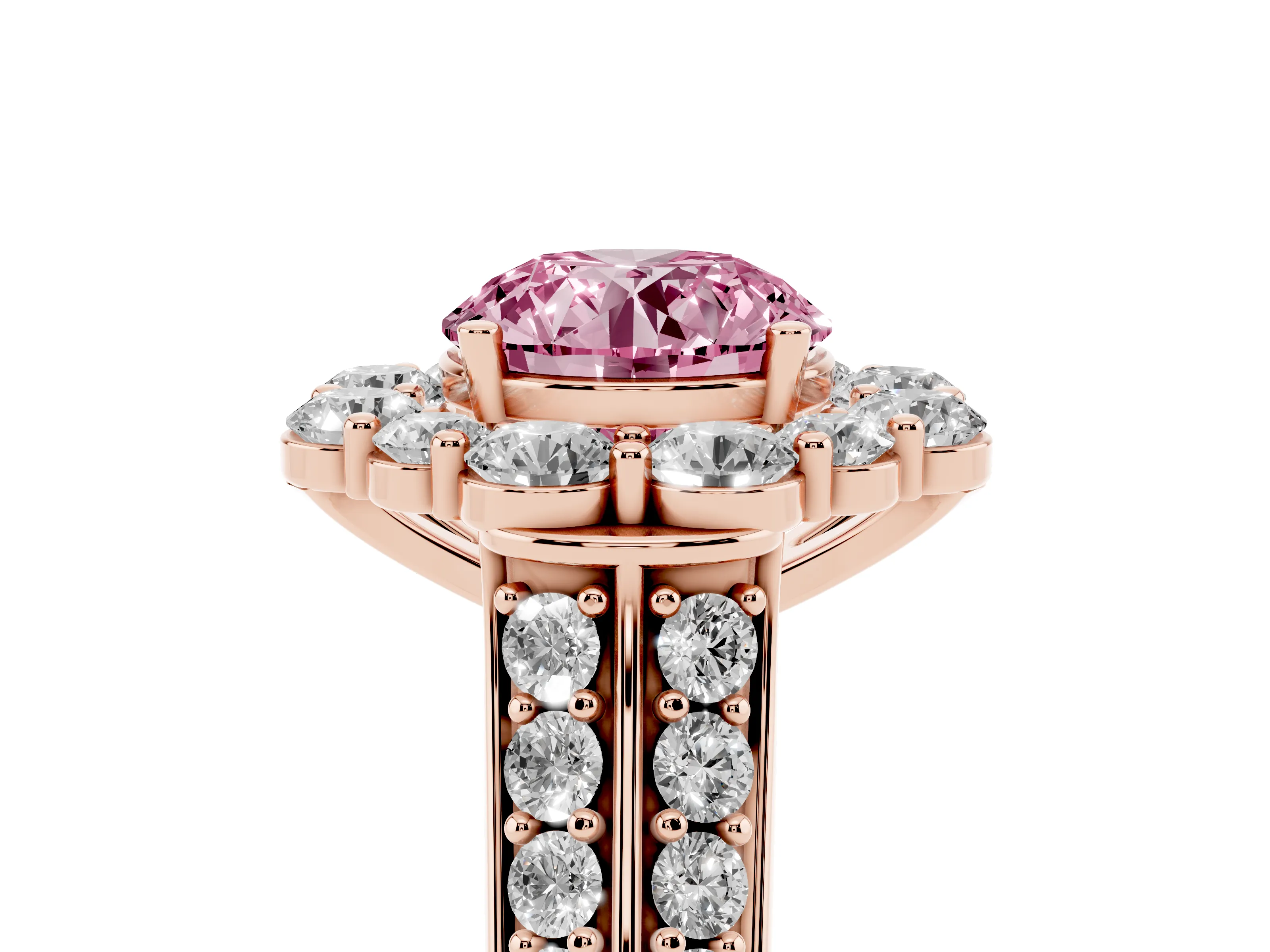 Fancy Pink Round Cut Diamond Halo Engagement Ring Set in Rose gold with Split Shank and Prong Setting