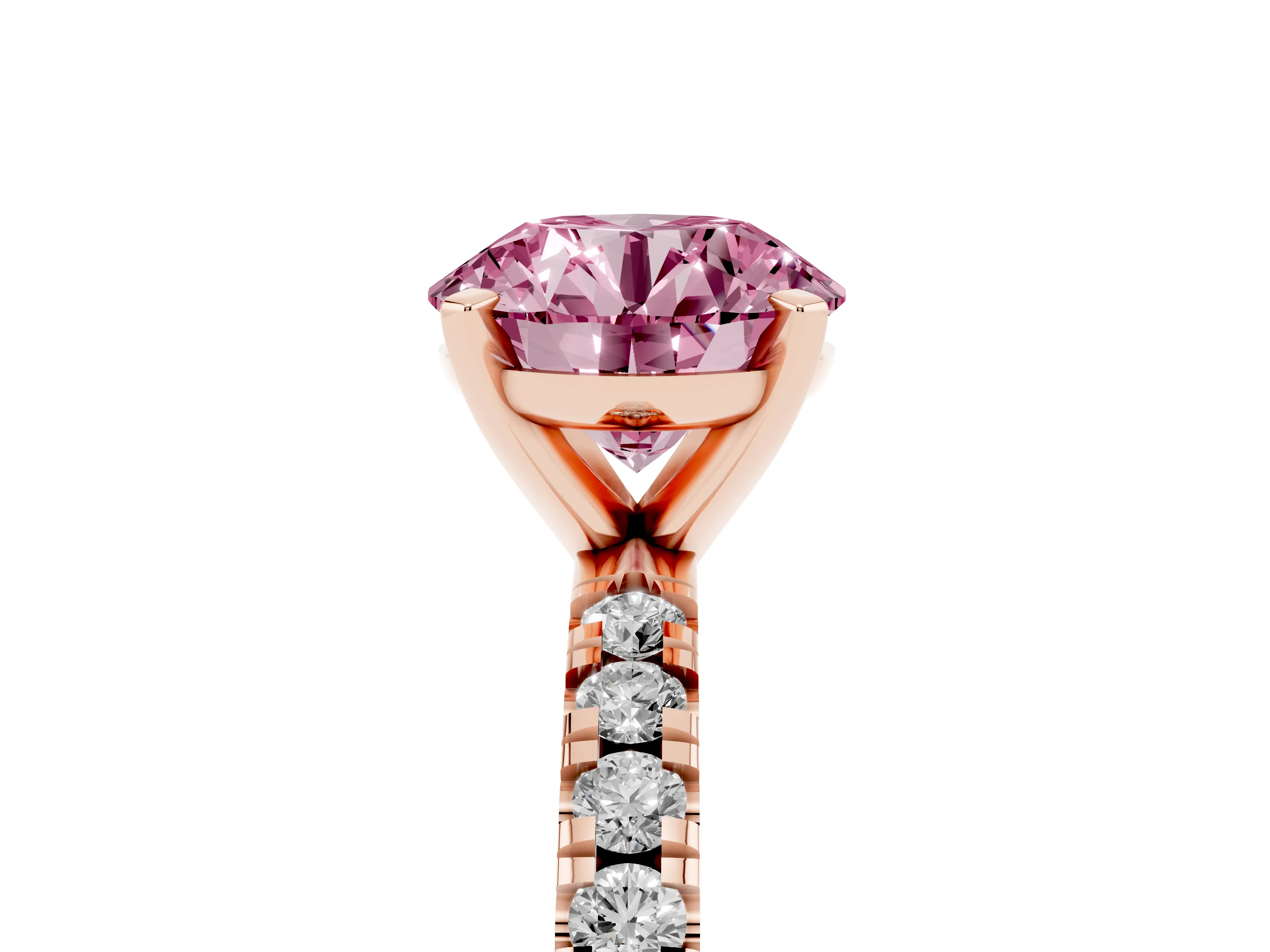 Fancy Pink Round Cut Diamond Pavé Band Solitaire Set in Rose gold with Prong Setting