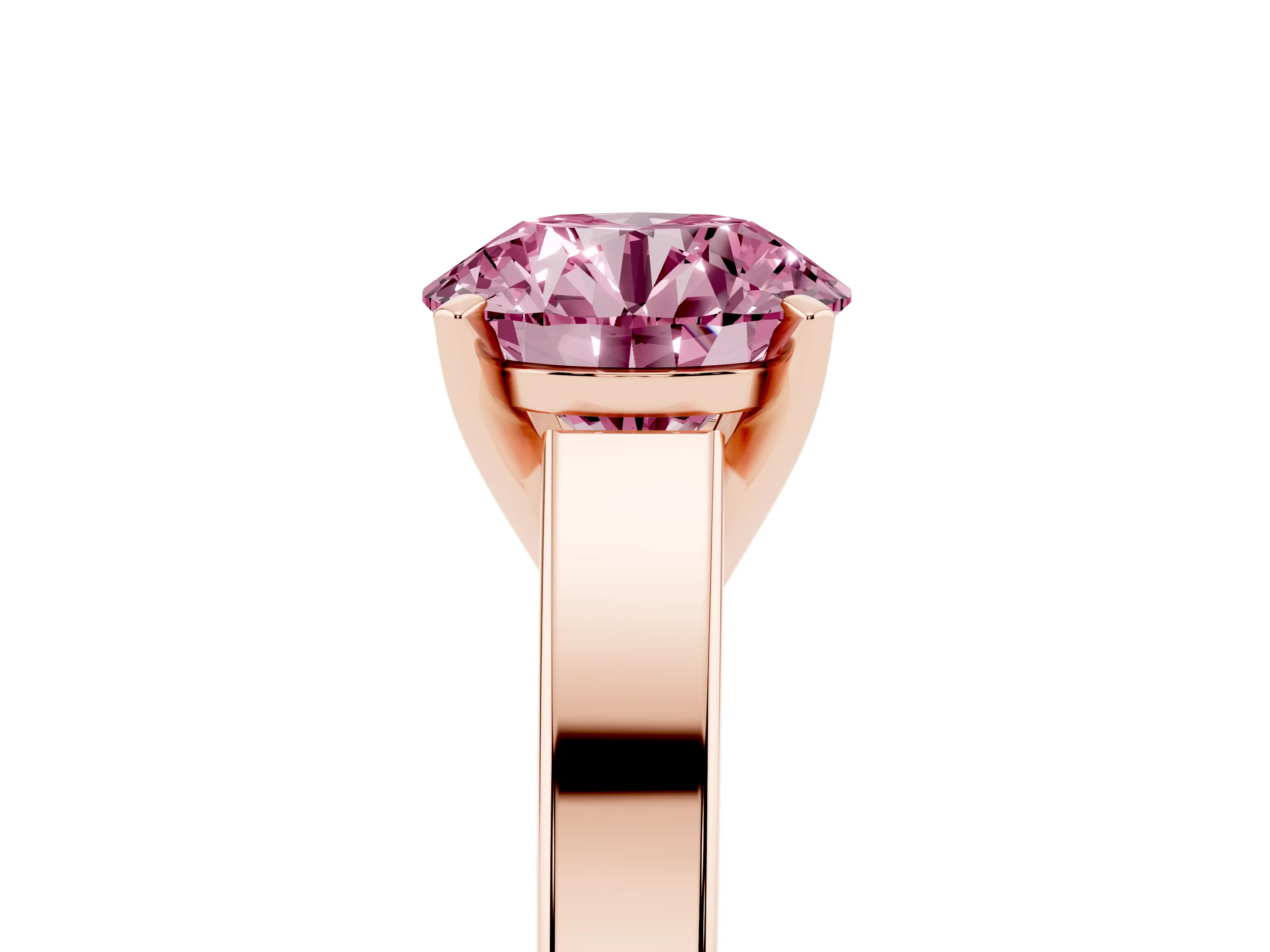 Fancy Pink Round Cut Diamond Solitaire Engagement Ring Set in Rose gold with Prong Setting and Tapered Band