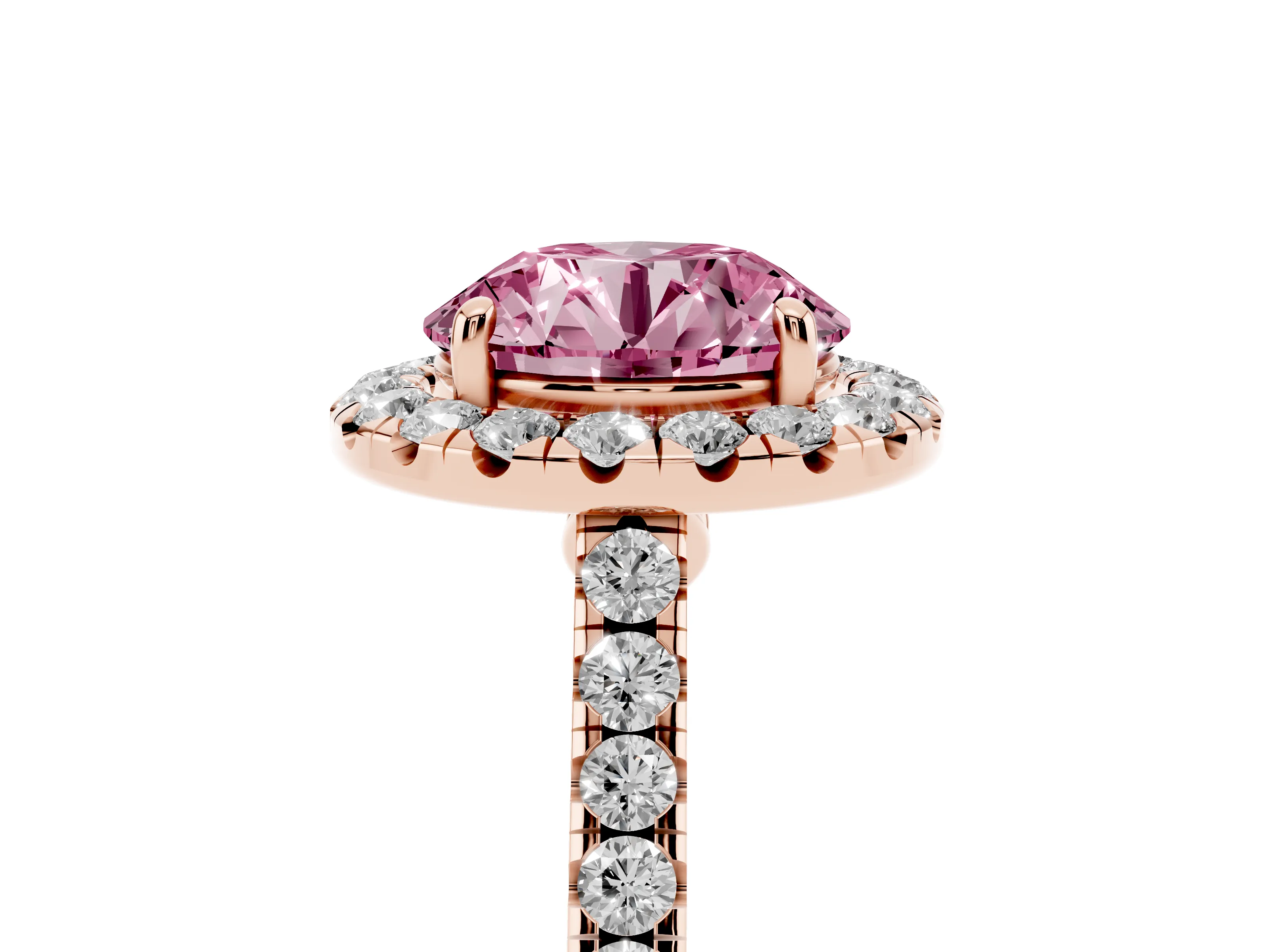 Fancy Pink Round Cut Diamond Halo Pavé Engagement Ring Set in Rose gold with Prong Setting