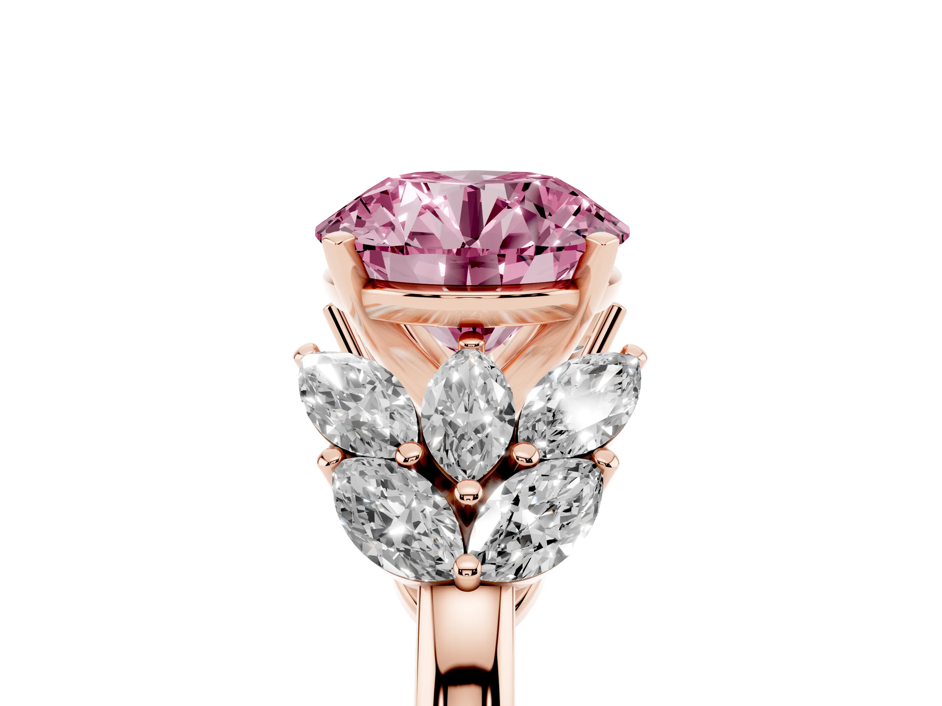 Fancy Pink Round Cut Diamond Cluster Leaf Design Ring Set in Rose gold with Prong Setting