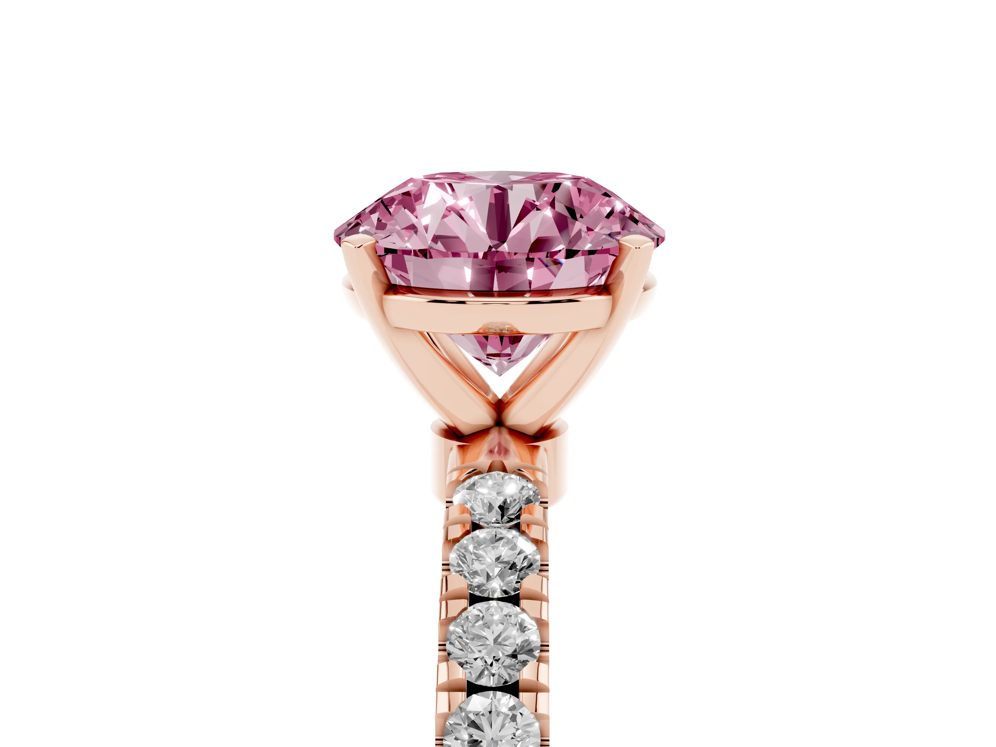 Fancy Pink Round Cut Diamond Solitaire Ring Set in Rose gold with Pavé Accents and Prong Setting