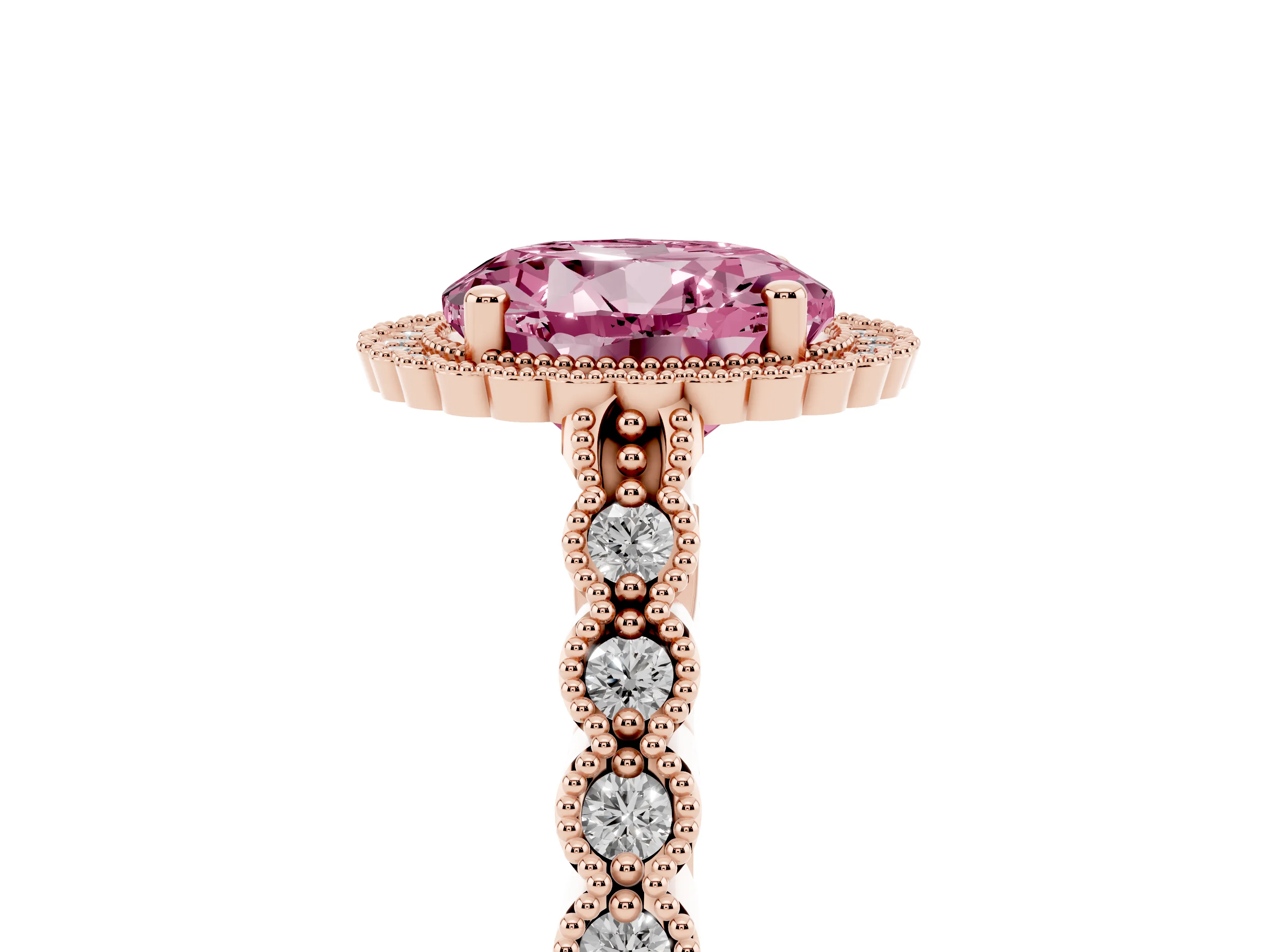 Fancy Pink Round Cut Diamond Halo Ring Set in Rose gold with Pavé Milgrain Band