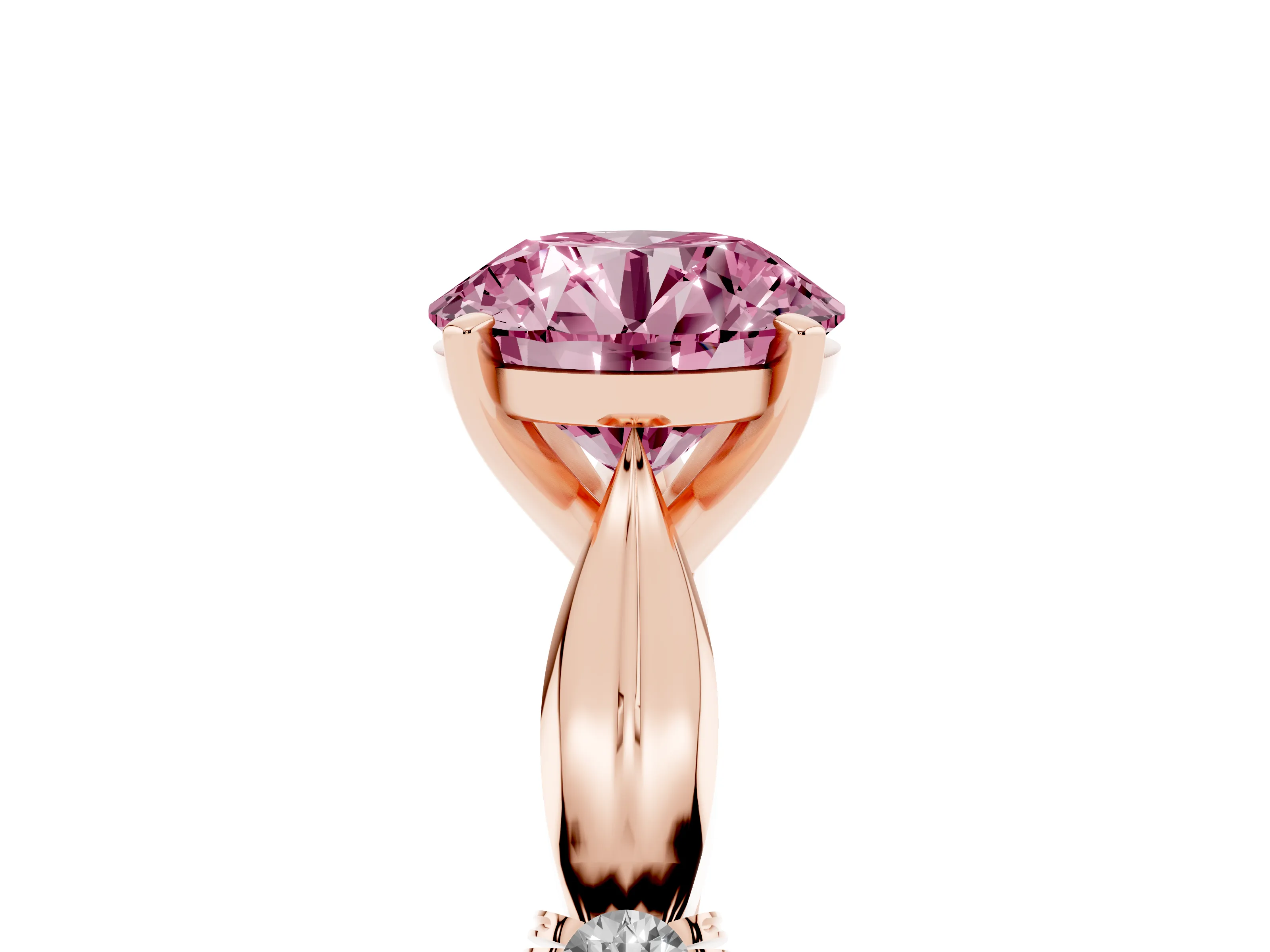Fancy Pink Round Cut Diamond Solitaire Twisted Band Ring Set in Rose gold with Accent Stones and Prong Setting