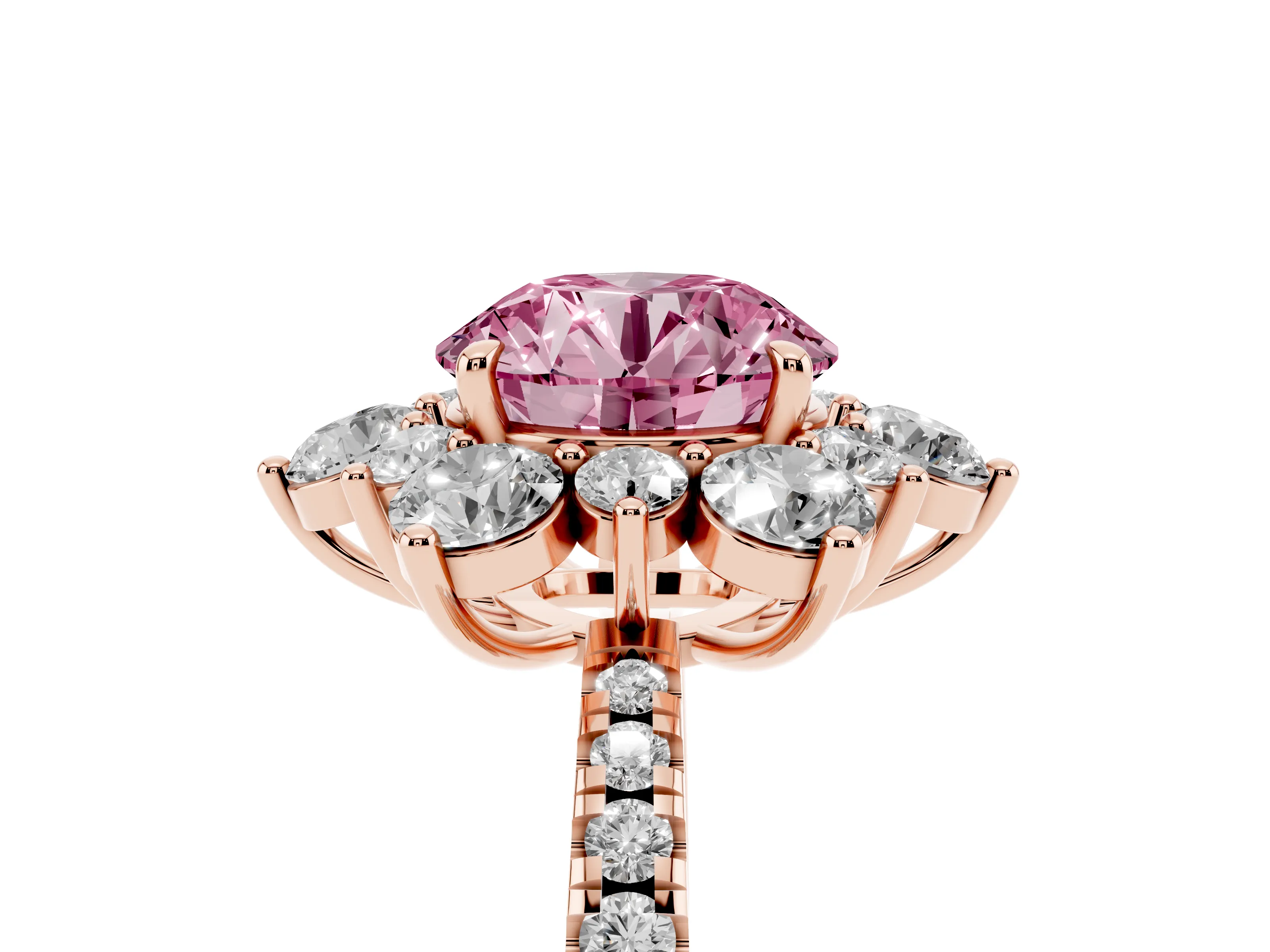 Fancy Pink Round Cut Diamond Floral Halo Ring Set in Rose gold with Round Pavé Band and Prong Setting