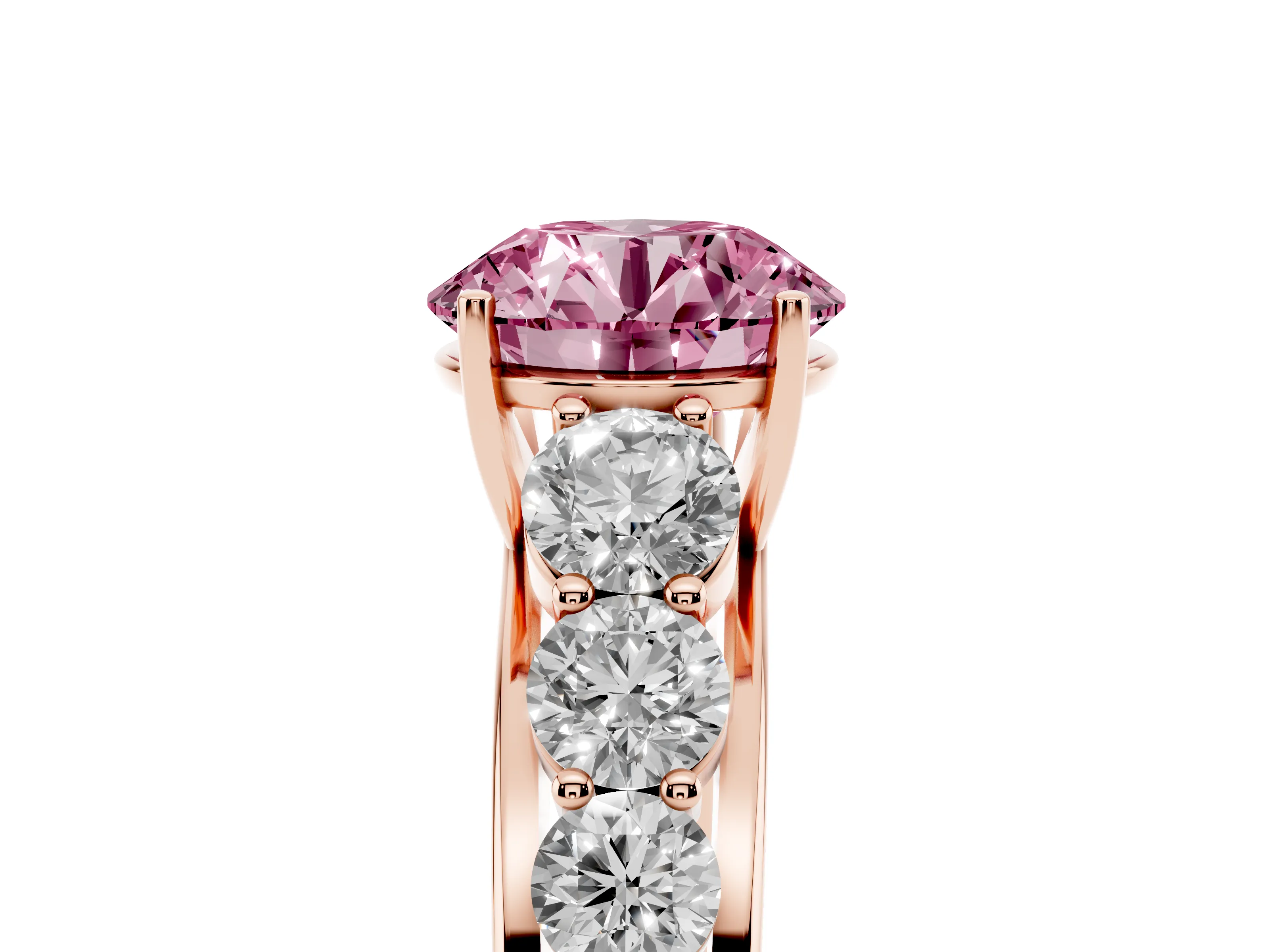 Fancy Pink Round Cut Diamond Solitaire Ring Set in Rose gold with Pavé-Set Band and Prong Setting