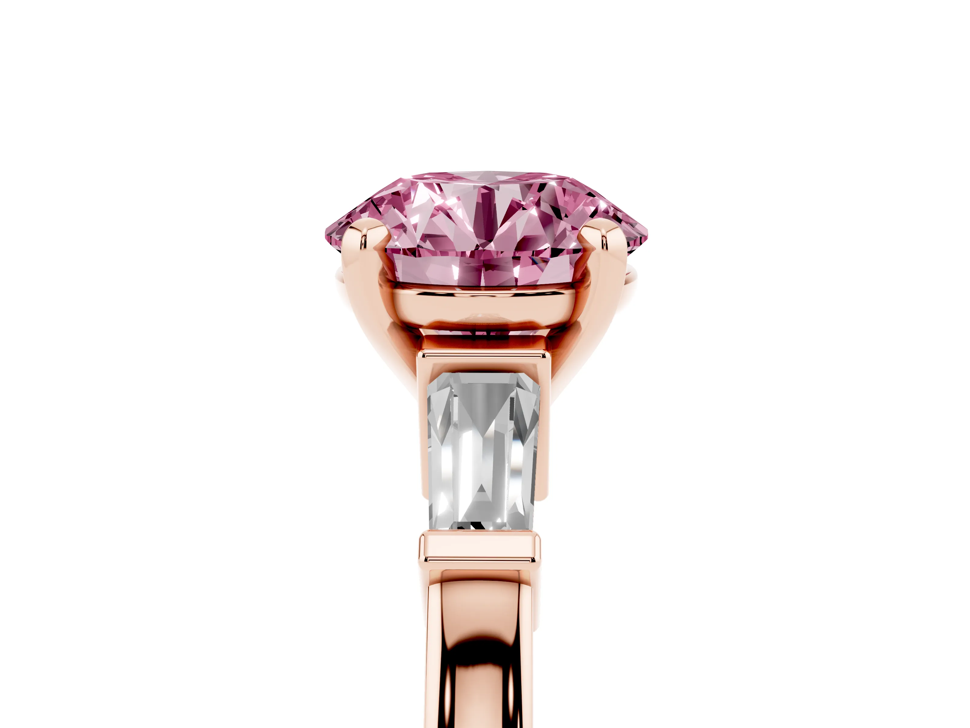 Fancy Pink Round Cut Diamond Solitaire Ring Set in Rose gold with Tapered Baguette Accents and Prong Setting