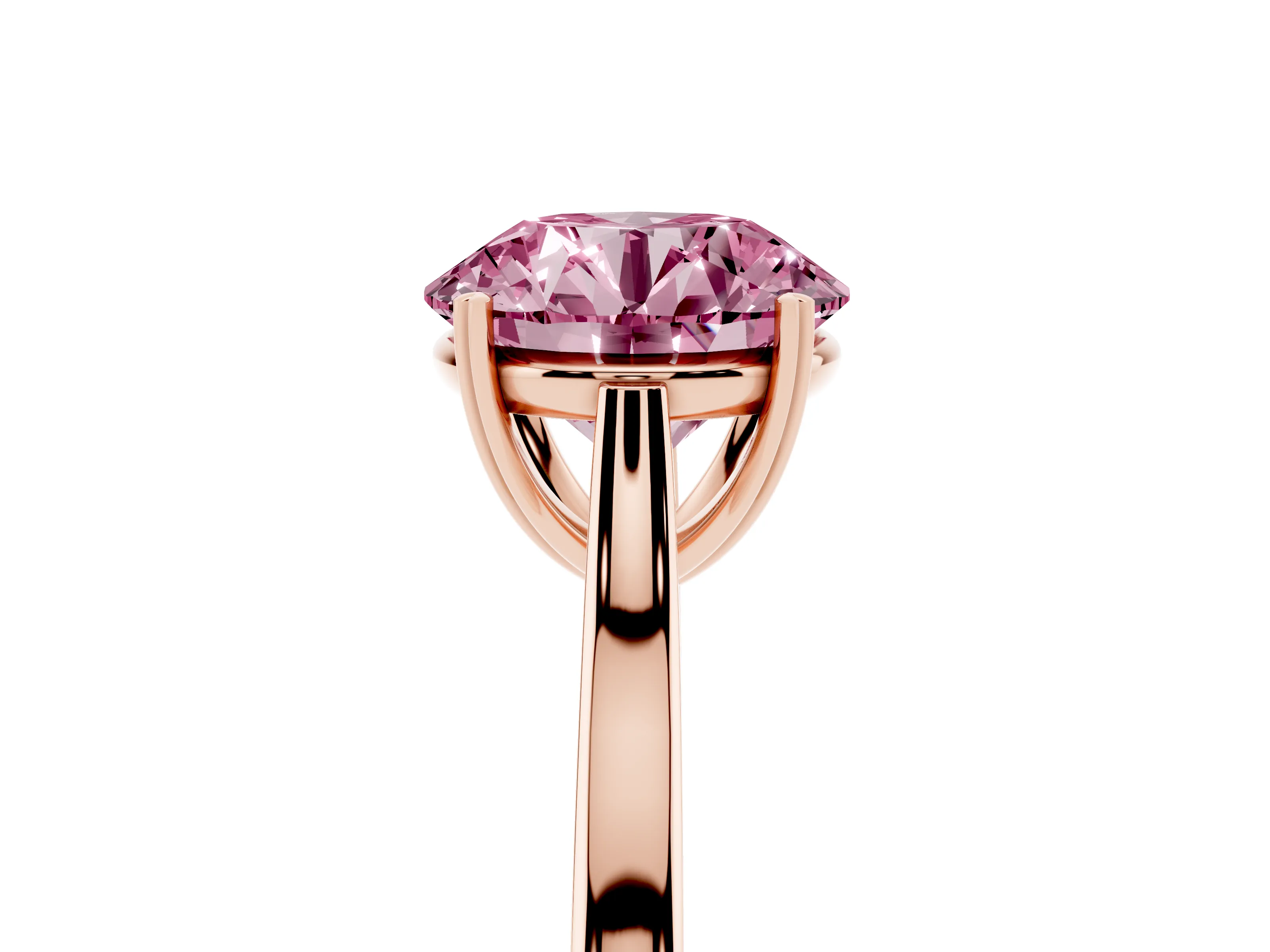 Fancy Pink Round Cut Diamond Solitaire Heart Prong Engagement Ring Set in Rose gold with Tapered Band