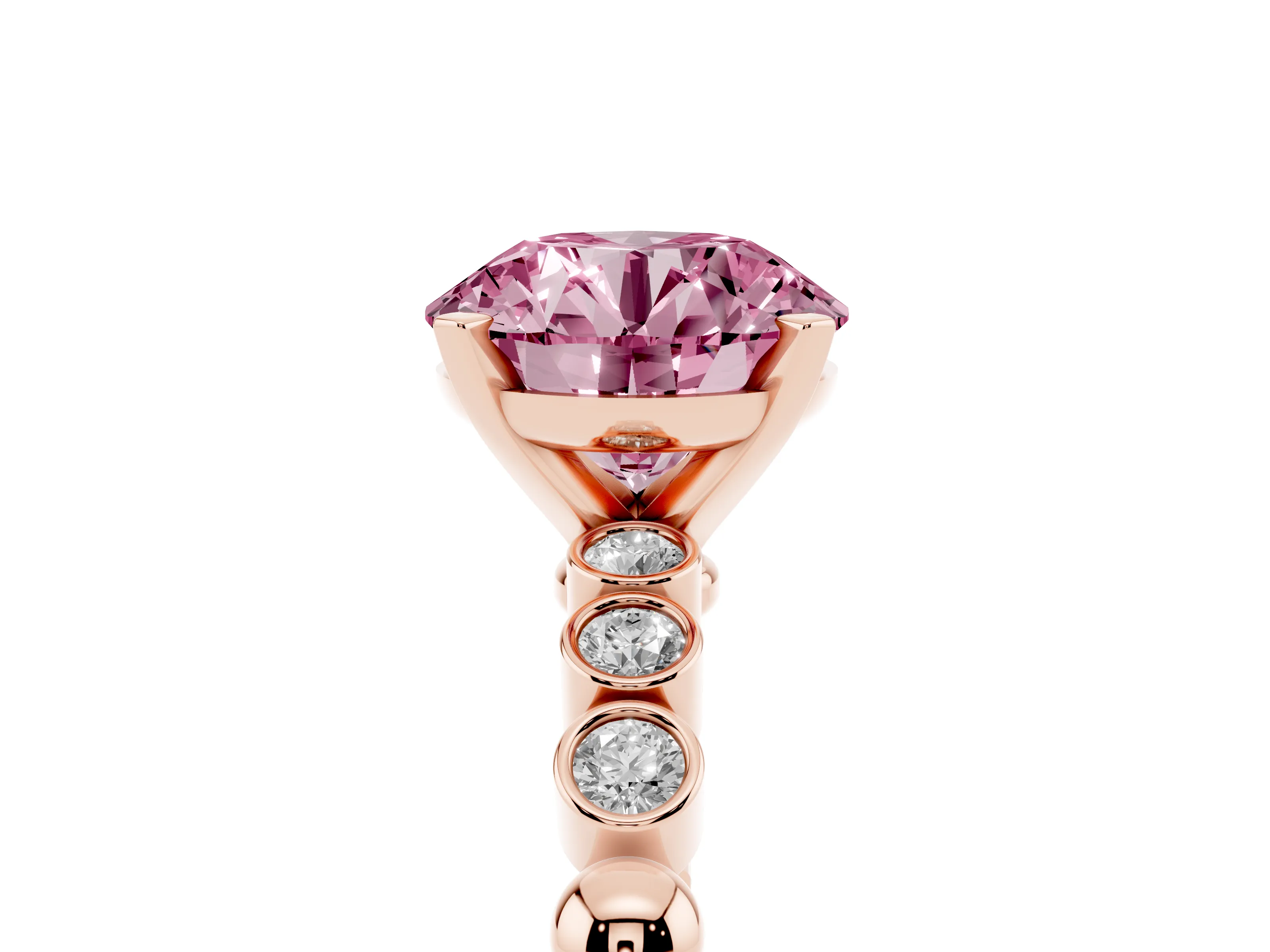 Fancy Pink Round Cut Diamond Solitaire Engagement Ring Set in Rose gold with Bezel Accents on Beaded Band