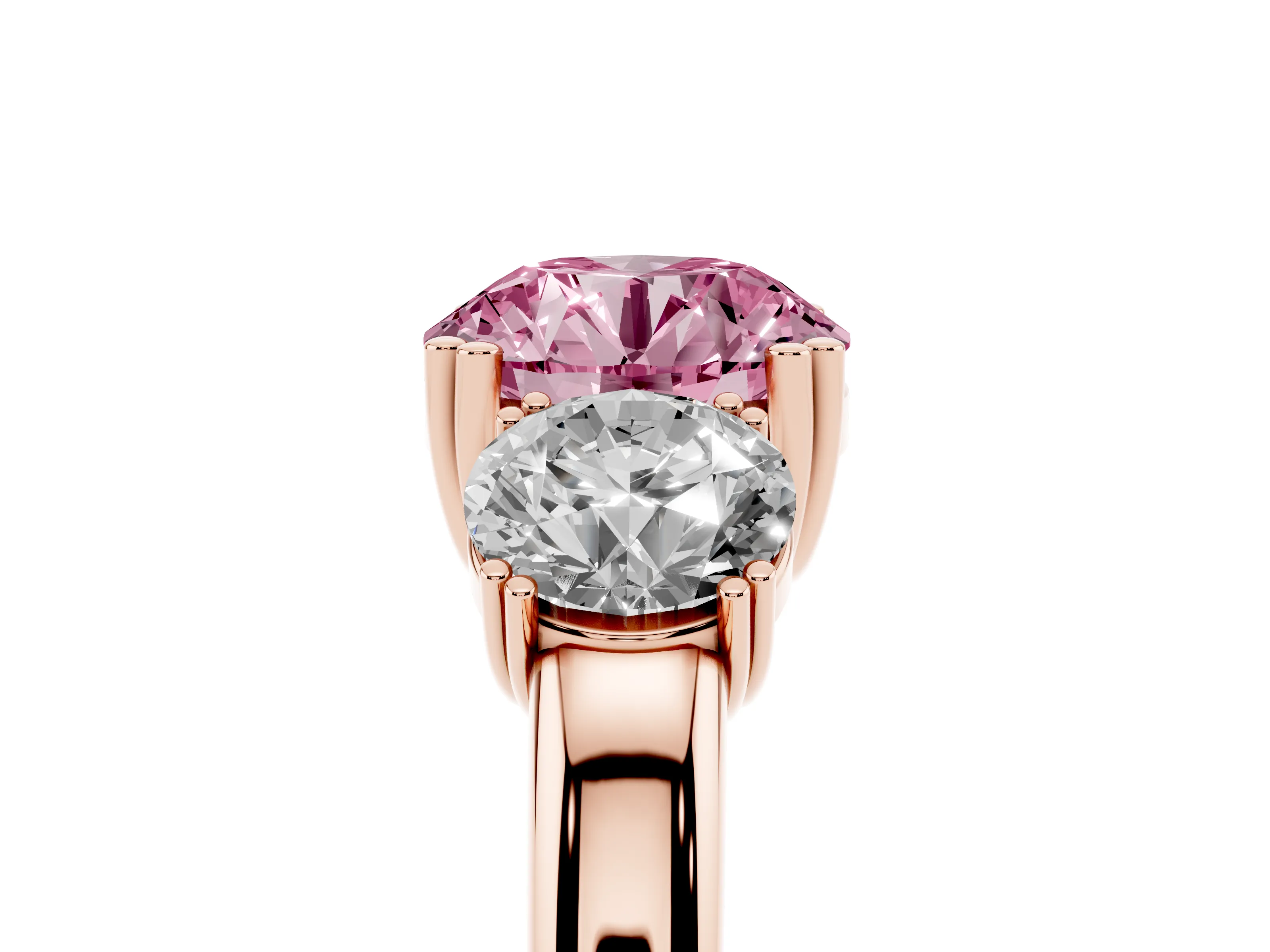 Fancy Pink Round Cut Diamond Three-Stone Ring Set in Rose gold with Polished Channel-Set Band