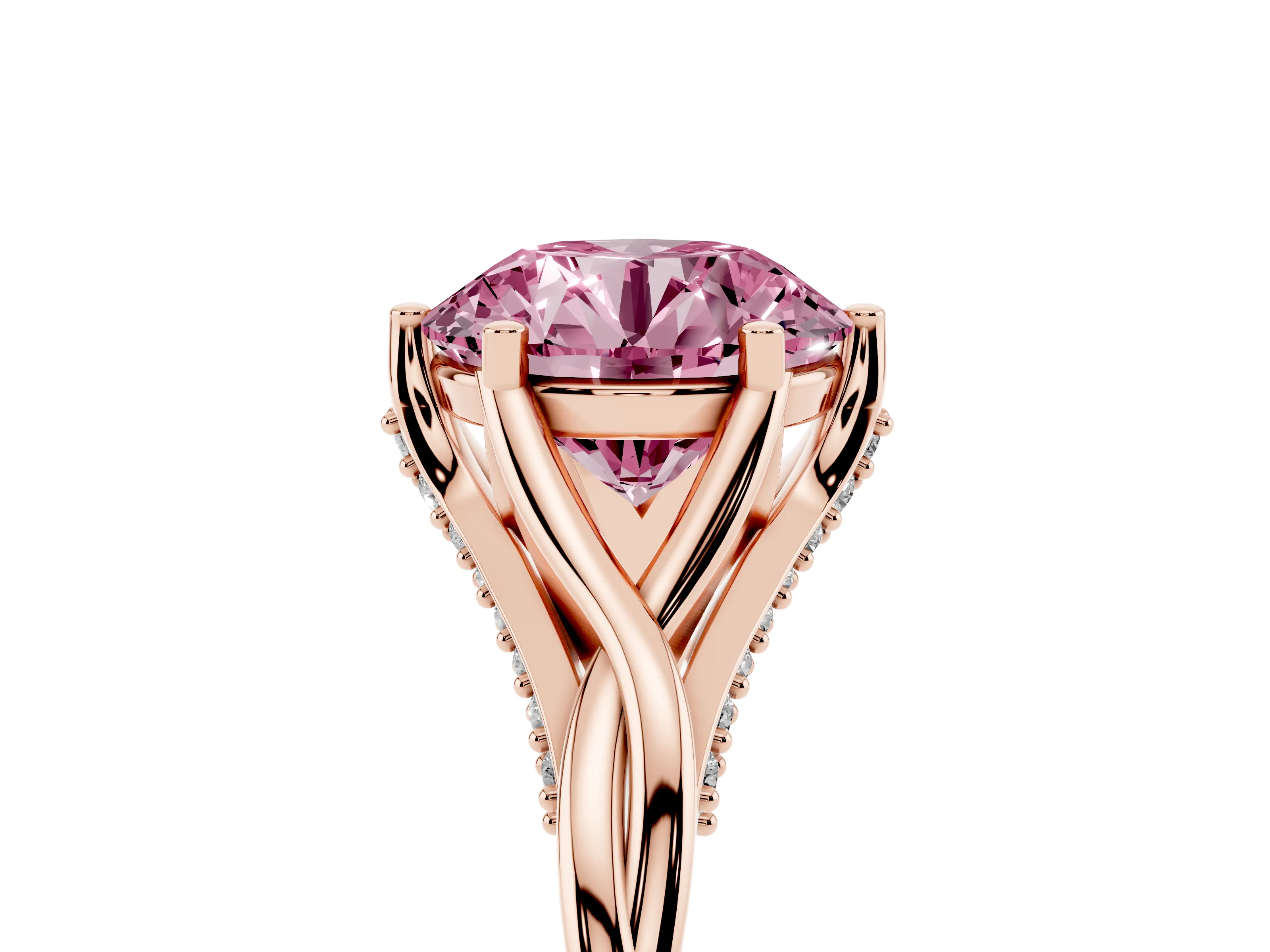 Fancy Pink Round Cut Diamond Intertwined Twist Band Solitaire Ring Set in Rose gold with Prong Setting