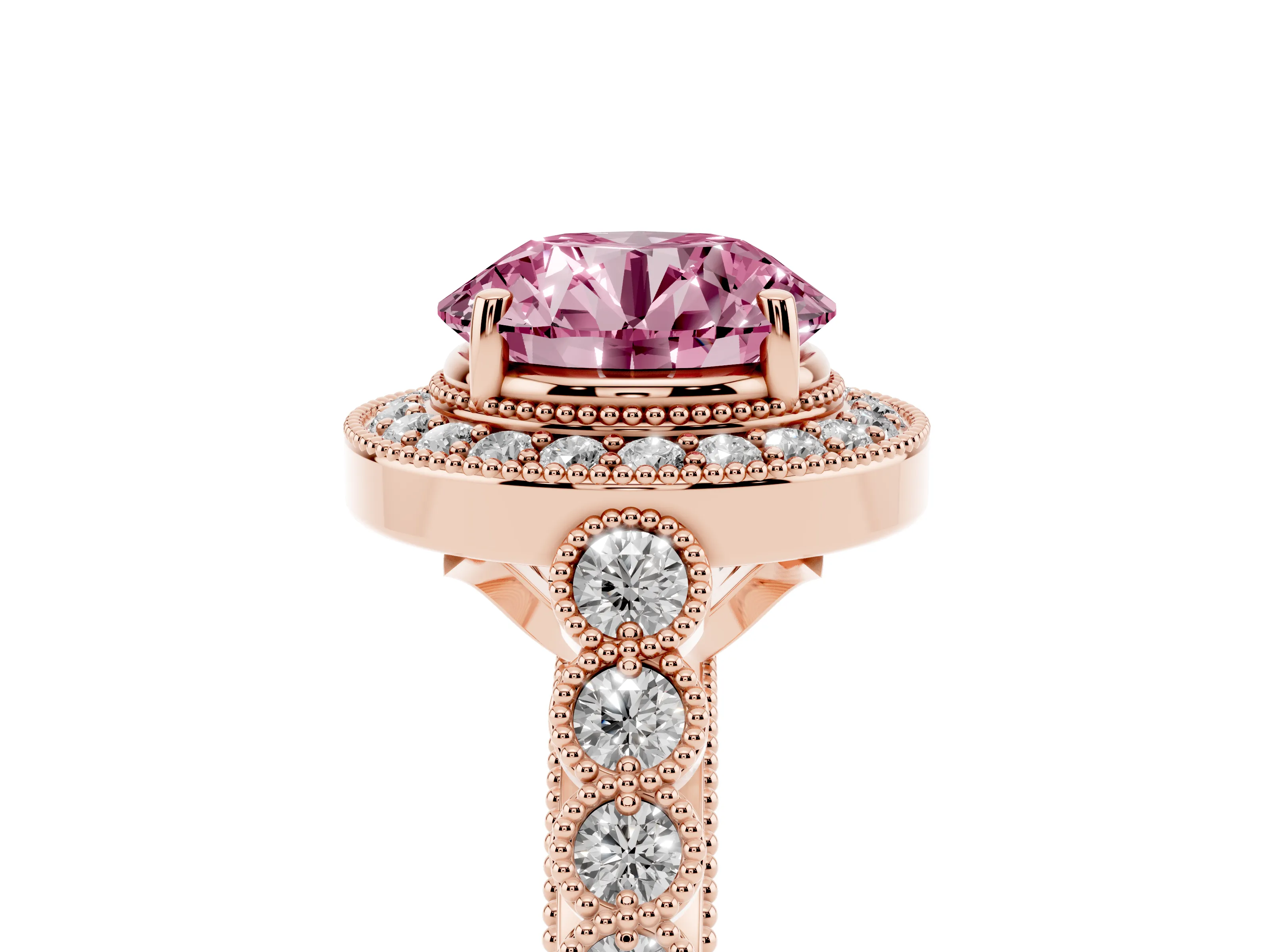 Fancy Pink Round Cut Diamond Milgrain Halo Solitaire Ring Set in Rose gold with Bezel Set Side Stones and Pavé Band