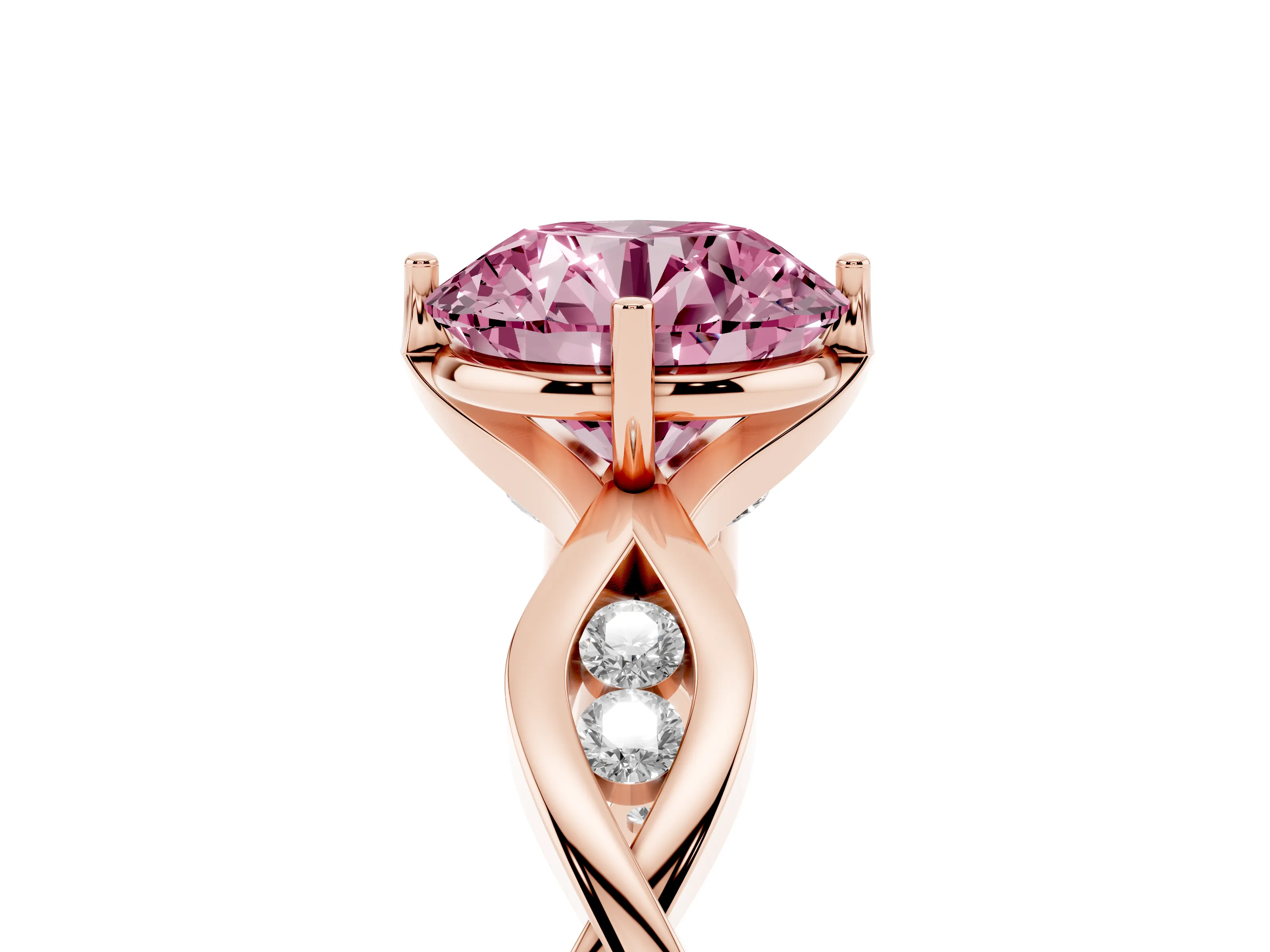 Fancy Pink Round Cut Diamond Twist Band Solitaire Ring Set in Rose gold with Leaf Prong Setting and Accent Stones