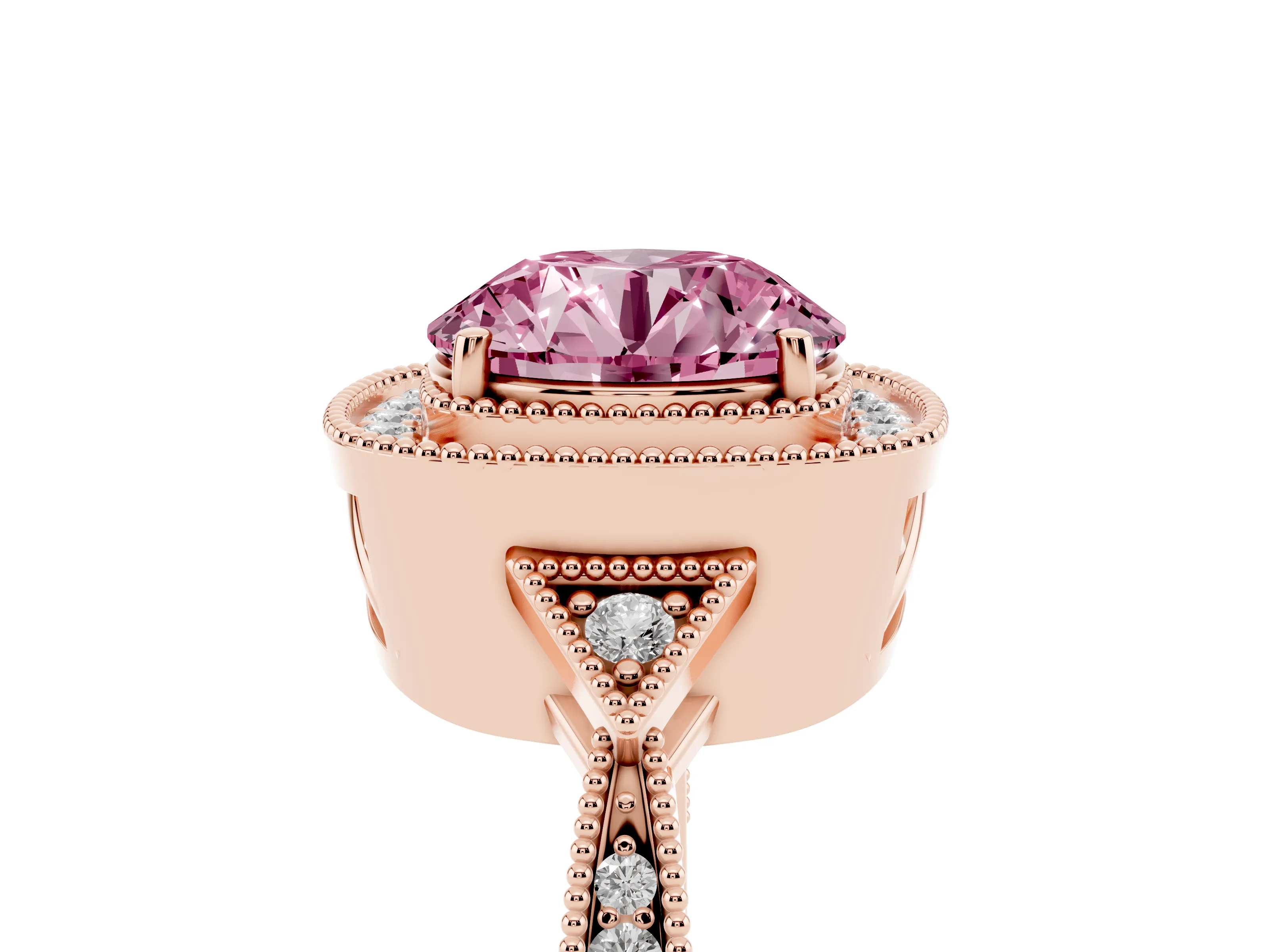Fancy Pink Round Cut Diamond Halo Engagement Ring Set in Rose gold with Milgrain Pavé Band