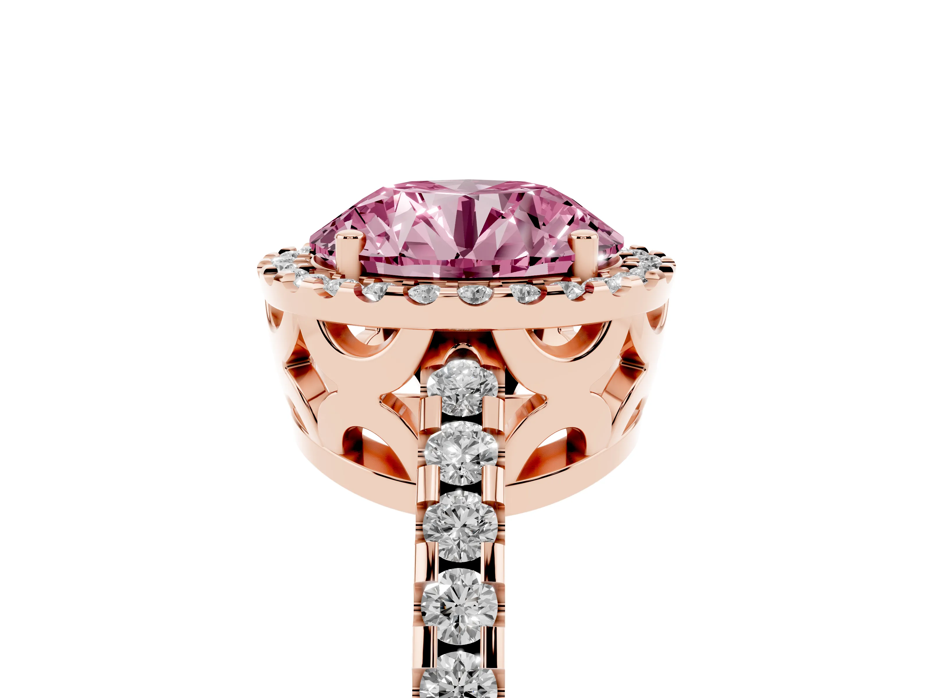 Fancy Pink Round Cut Diamond Halo Ring Set in Rose gold with Pavé Shoulders and Halo-Framed Center