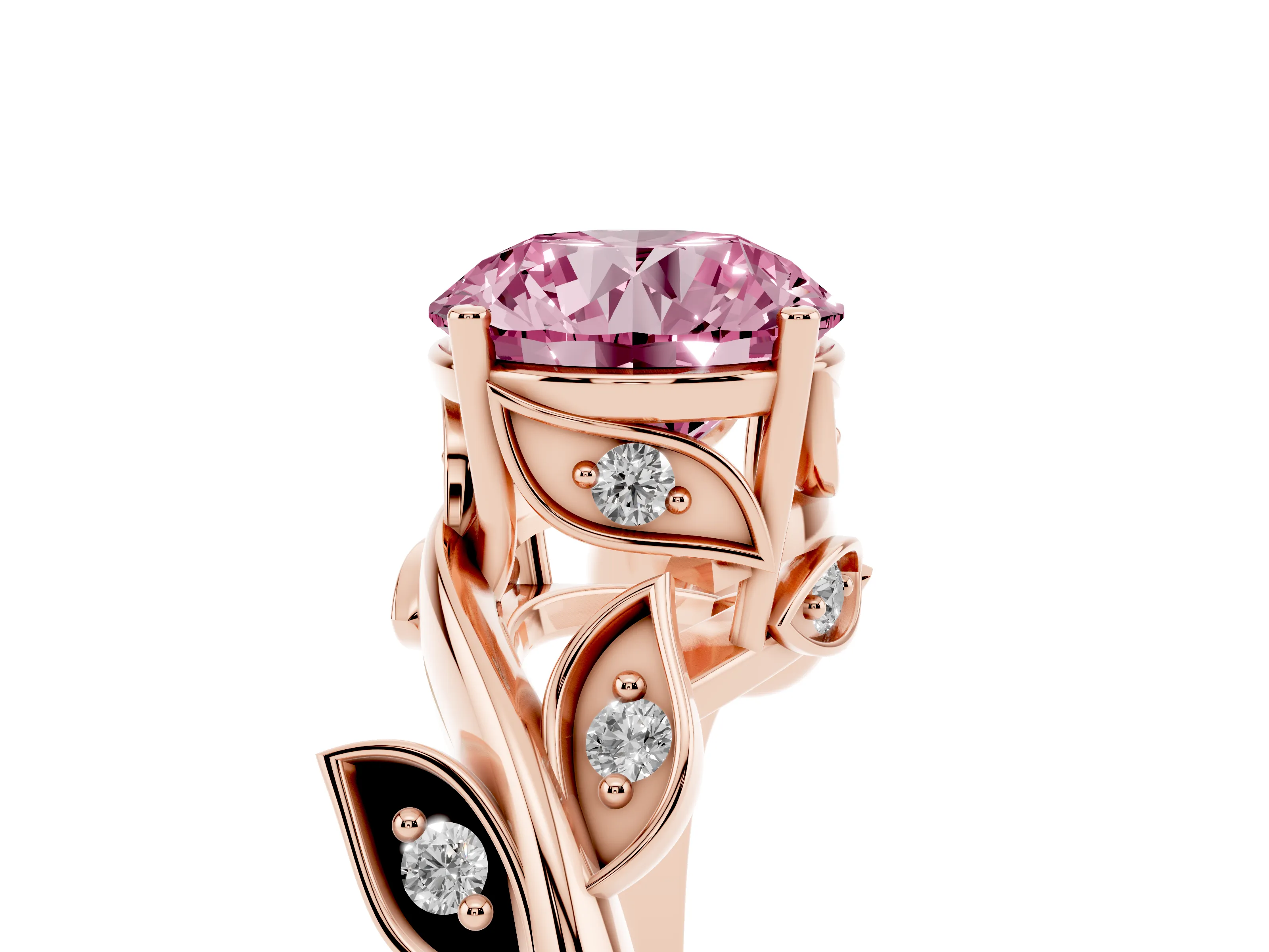 Fancy Pink Round Cut Diamond Solitaire Twist Engagement Ring Set in Rose gold with Pavé Leaf Accents