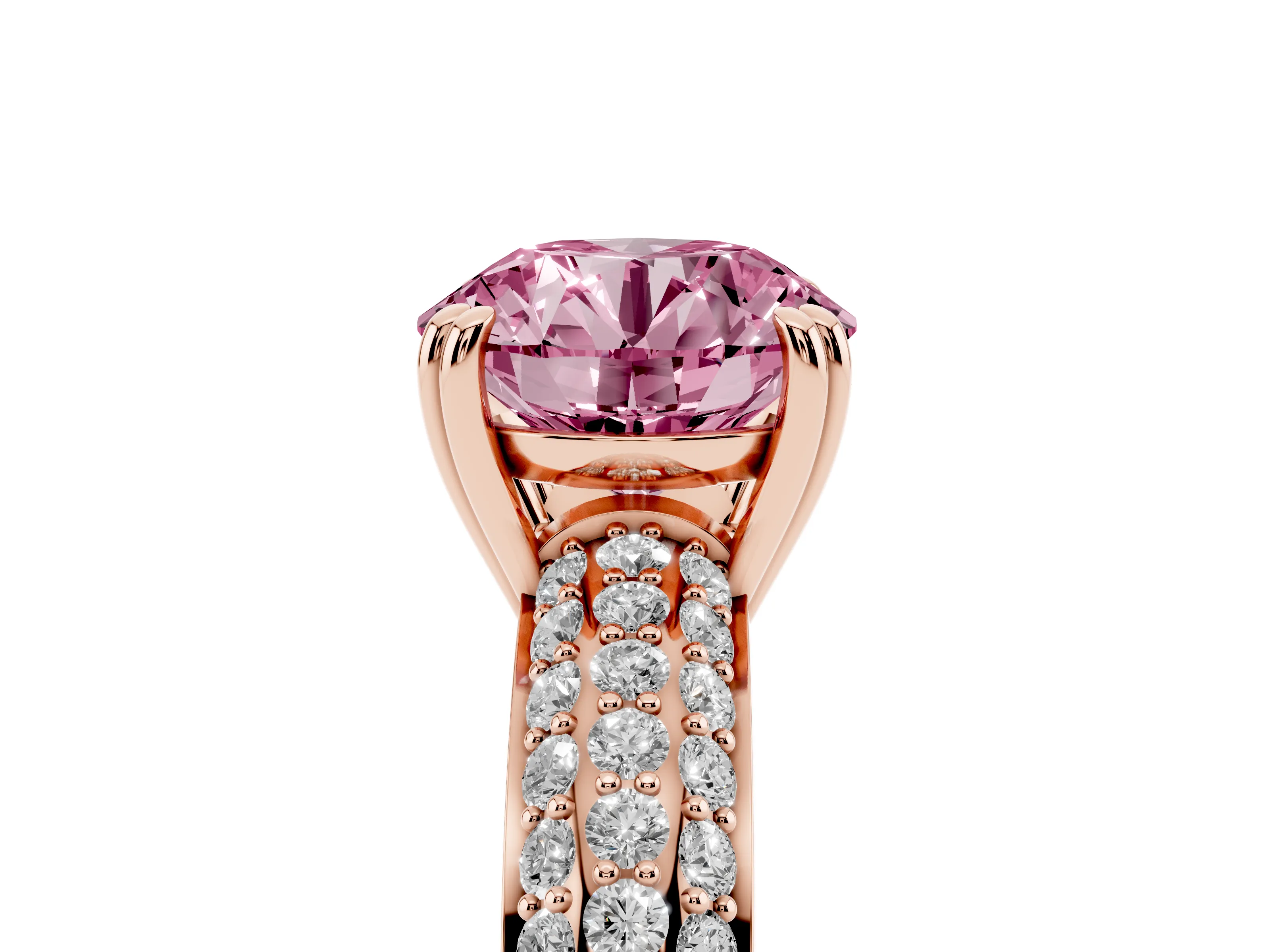 Fancy Pink Round Cut Diamond Solitaire Ring Set in Rose gold with Multi-Row Round Pavé Band and Prong Setting