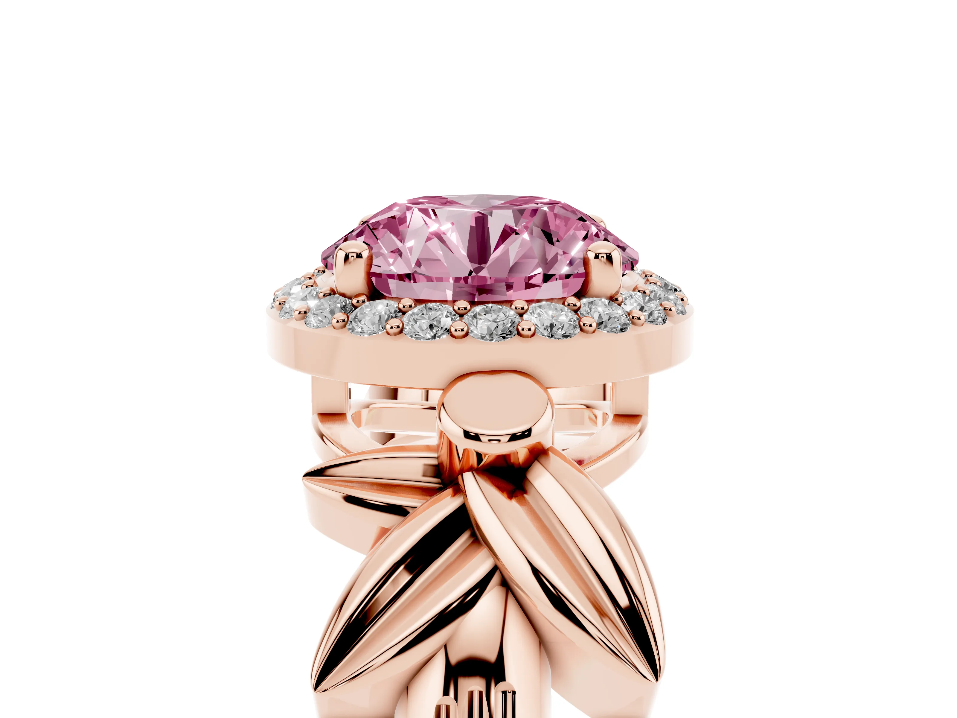Fancy Pink Round Cut Diamond Halo Floral Band Ring Set in Rose gold with Prong Setting