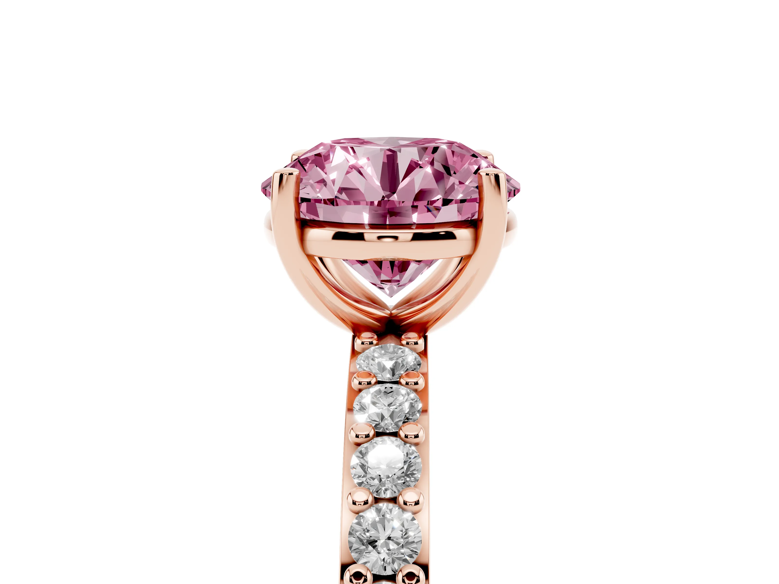 Fancy Pink Round Cut Diamond Solitaire Set in Rose gold with Round Pavé Band and Prong Setting
