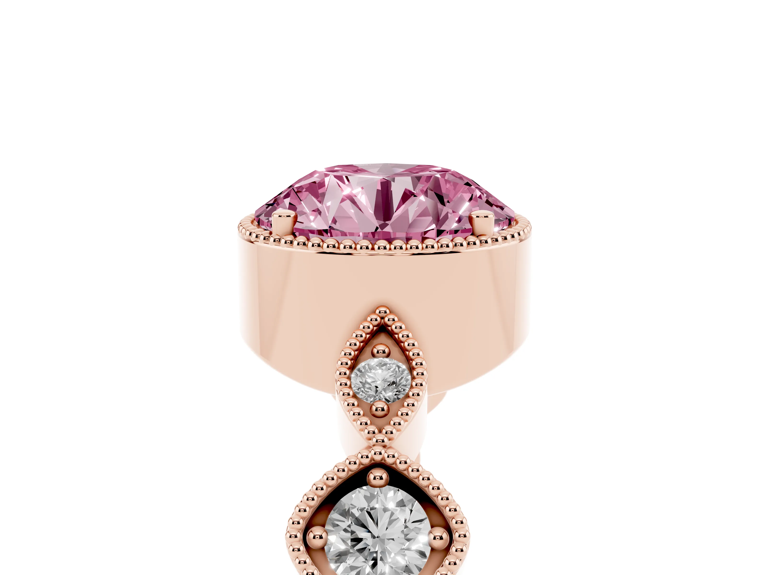 Fancy Pink Round Cut Diamond Vintage-Inspired Milgrain Ring Set in Rose gold with Marquise Stations of Round Accents