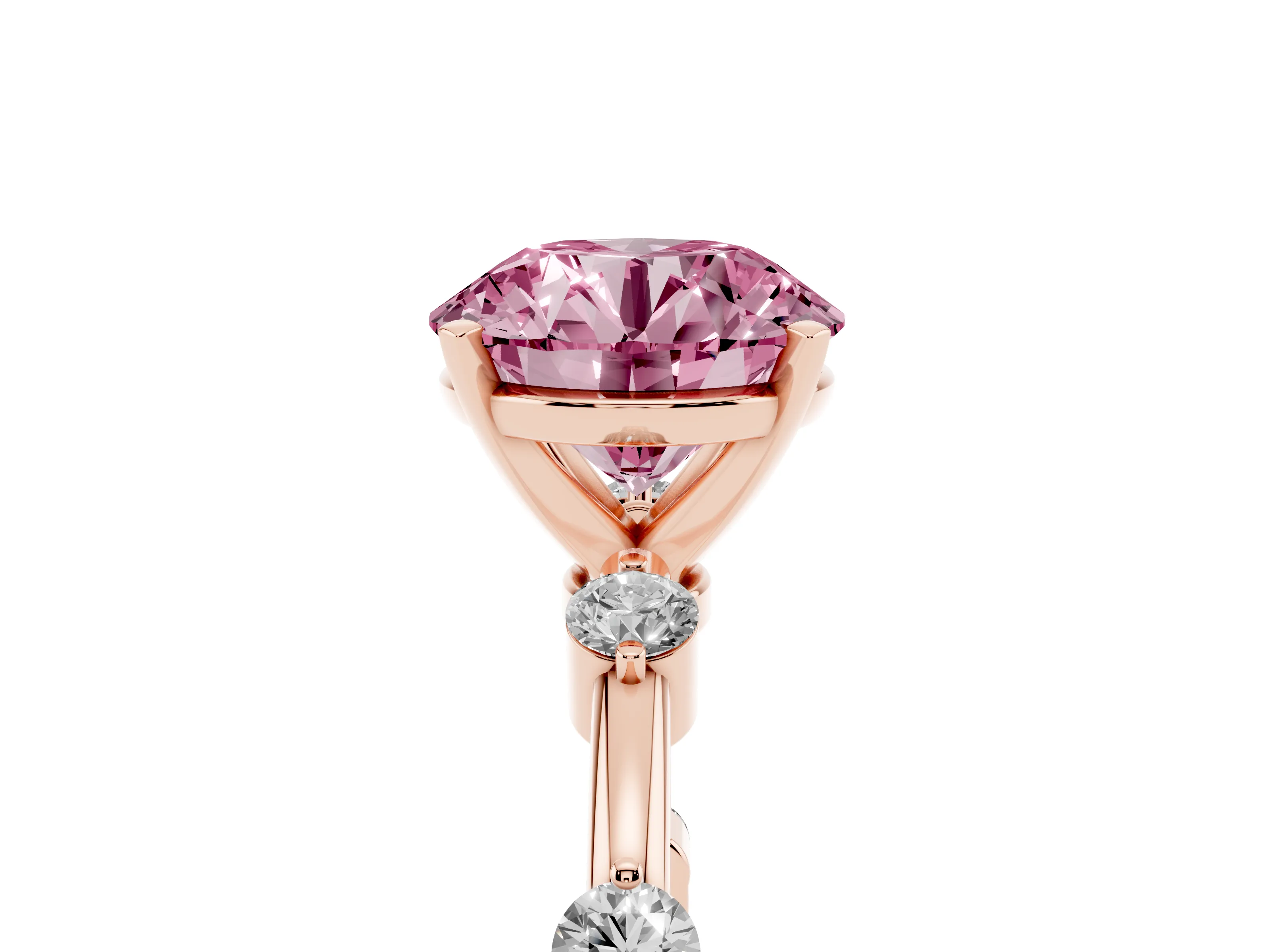 Fancy Pink Round Cut Diamond Solitaire Ring Set in Rose gold with Bezel Set Side Stones and Prong Setting