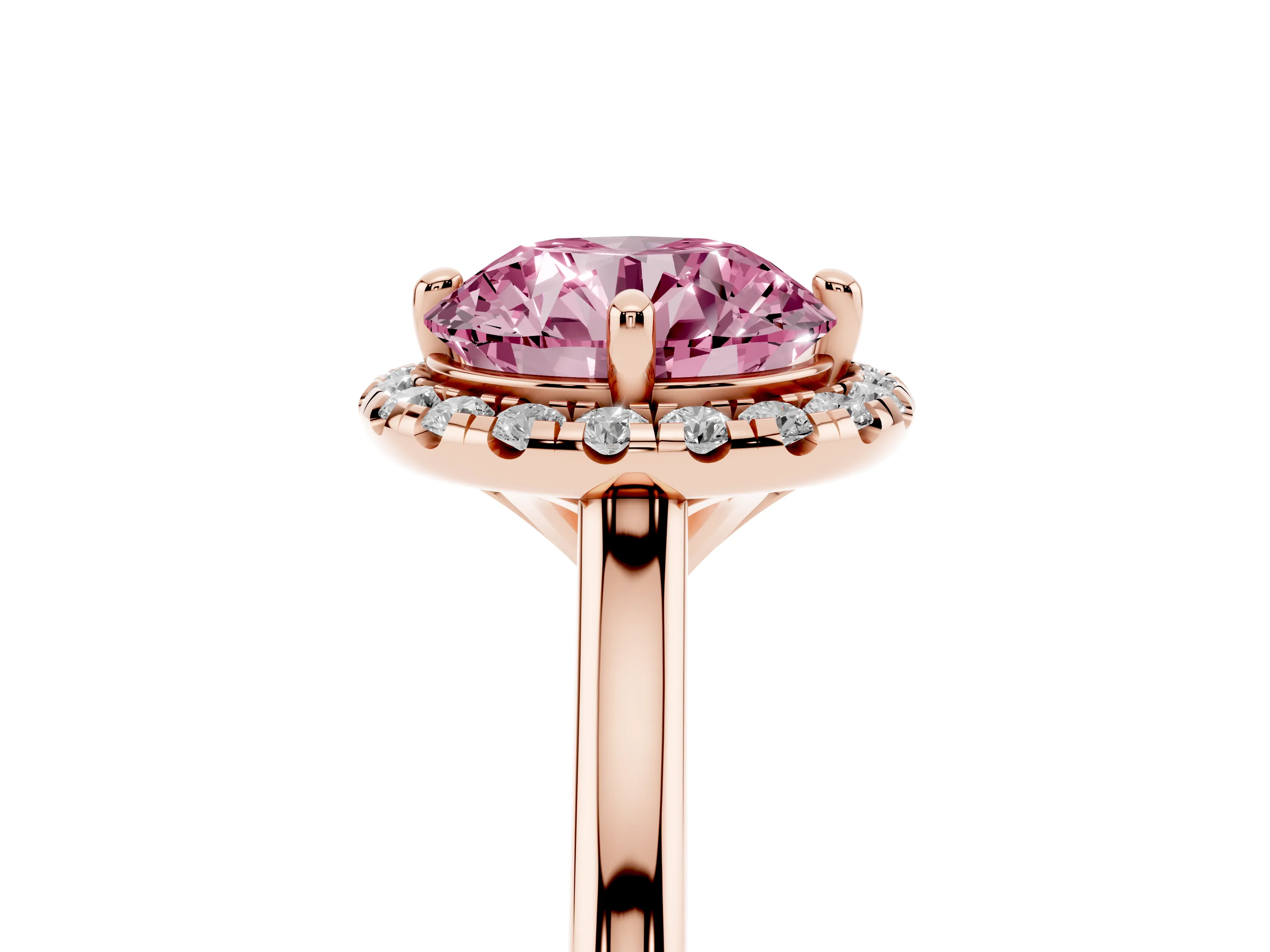 Fancy Pink Round Cut Diamond Halo Engagement Ring Set in Rose gold with Pavé Band and Rising Shoulders