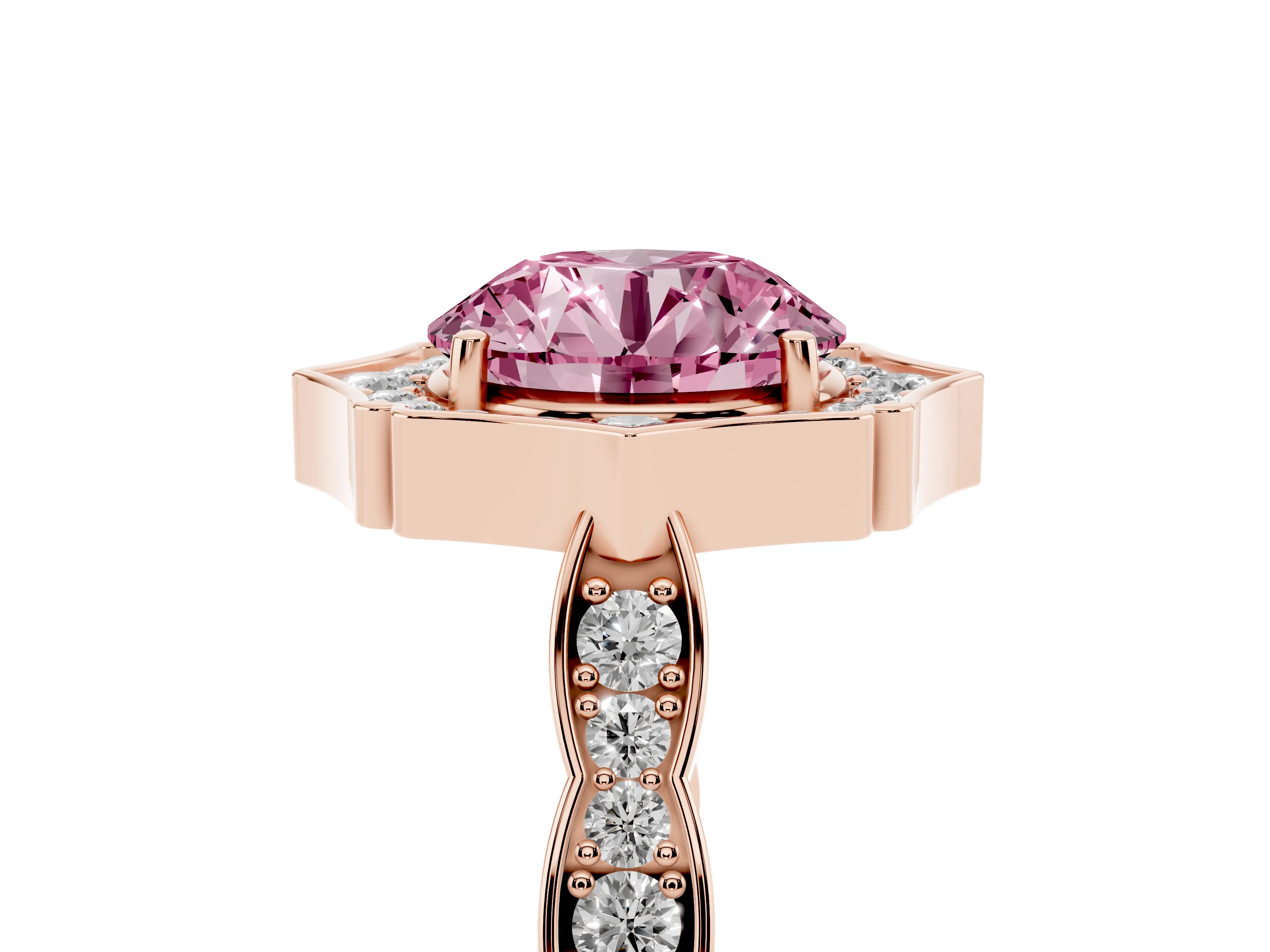 Fancy Pink Round Cut Diamond Halo Engagement Ring Set in Rose gold with Milgrain Band and Prong Setting