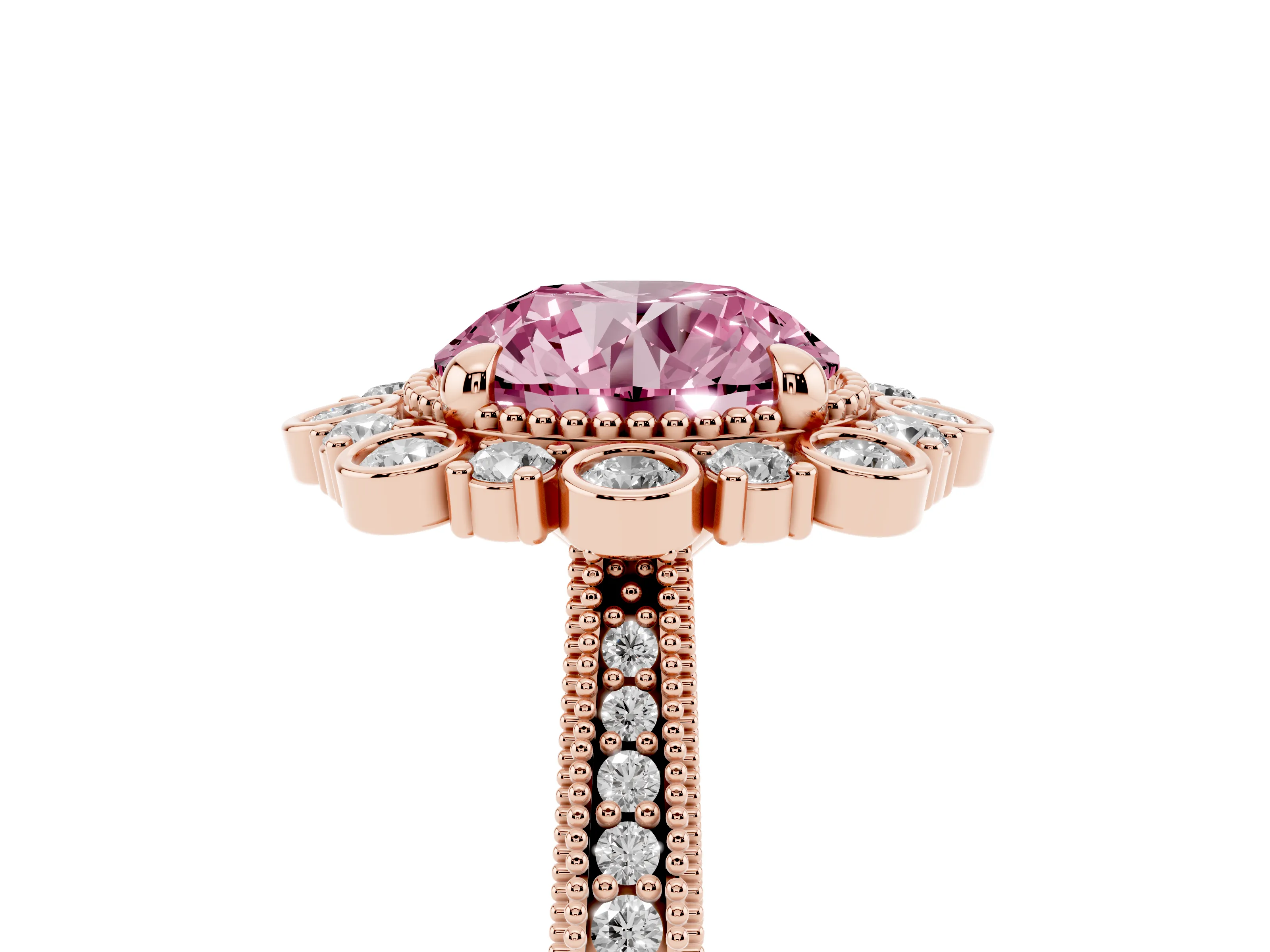 Fancy Pink Round Cut Diamond Halo Milgrain Pavé Ring Set in Rose gold with Prong Setting