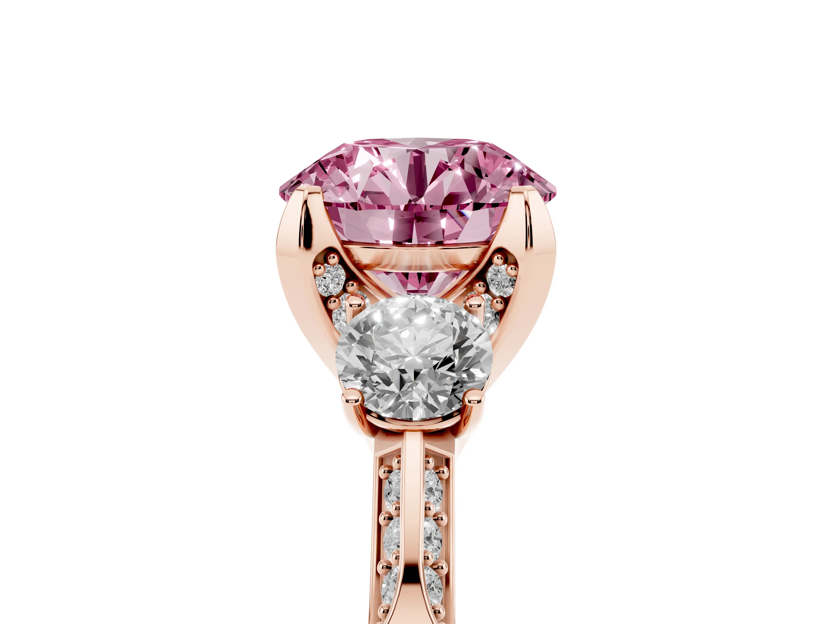 Fancy Pink Round Cut Diamond Three-Stone Ring Set in Rose gold with Pavé Band and Smaller Side Stones