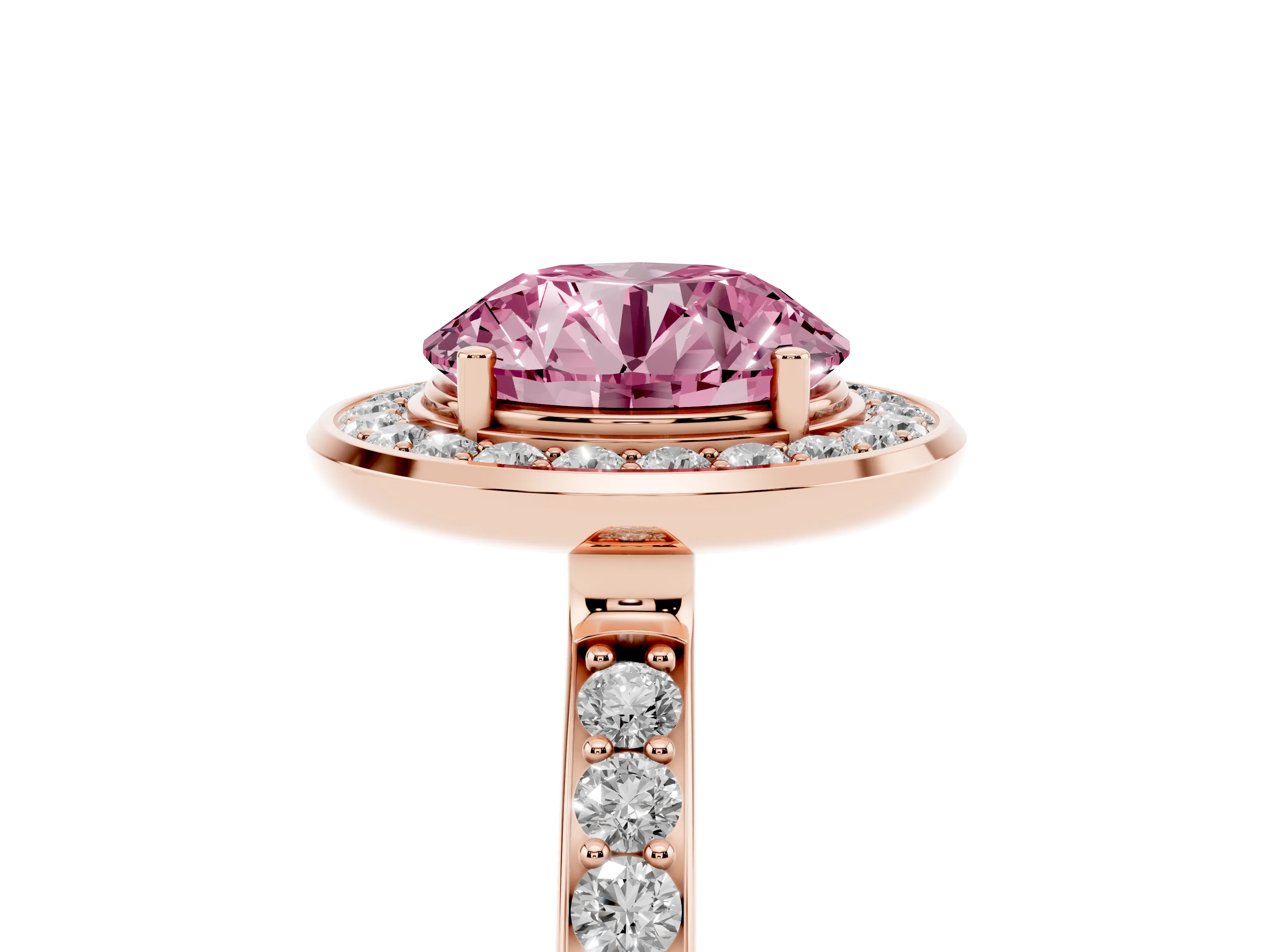 Fancy Pink Round Cut Diamond Halo Ring Set in Rose gold with Bezel Frame and Pavé Band