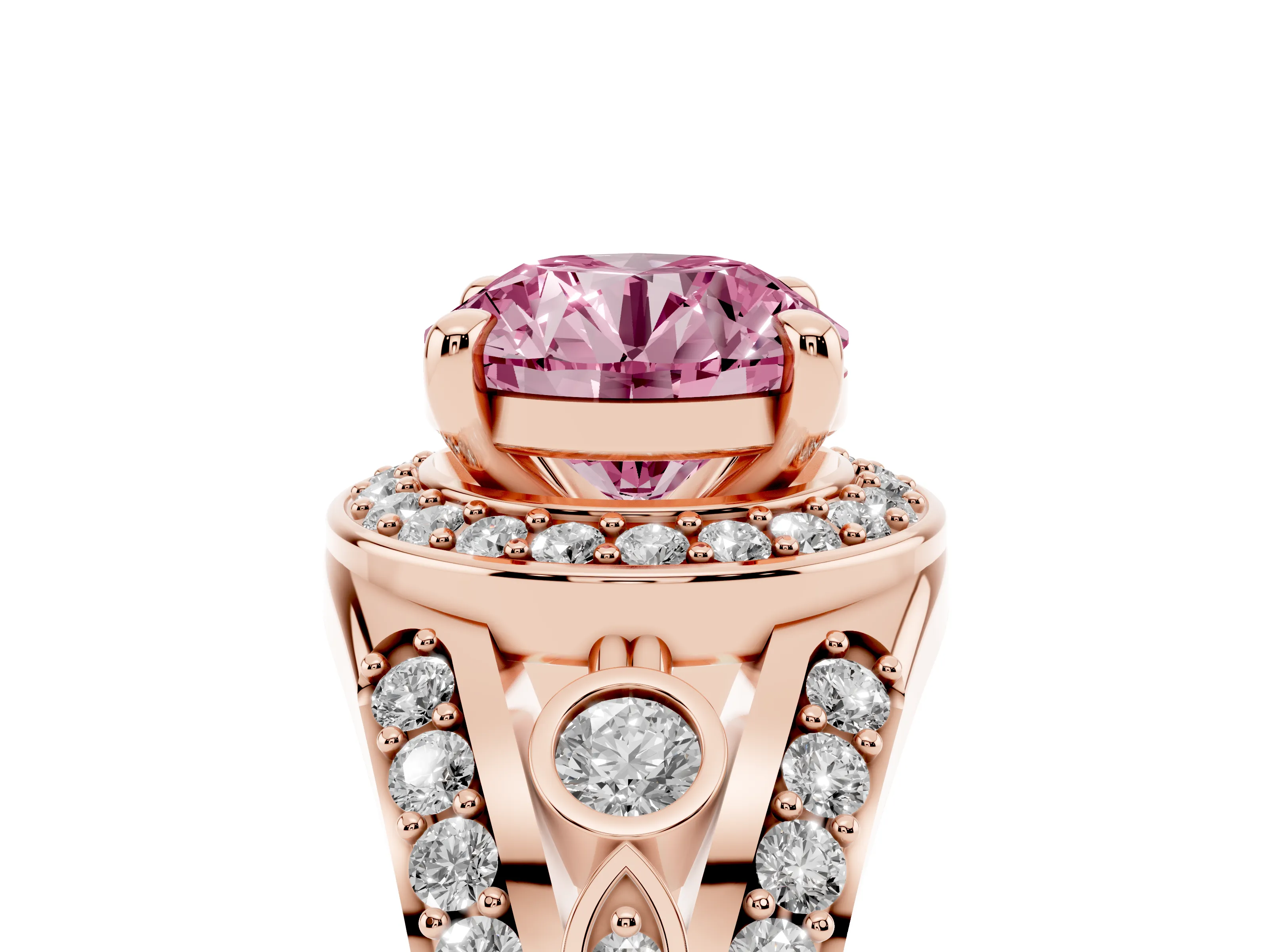 Fancy Pink Round Cut Diamond Halo Ring Set in Rose gold with Pavé Split Shank and Bezel Accents
