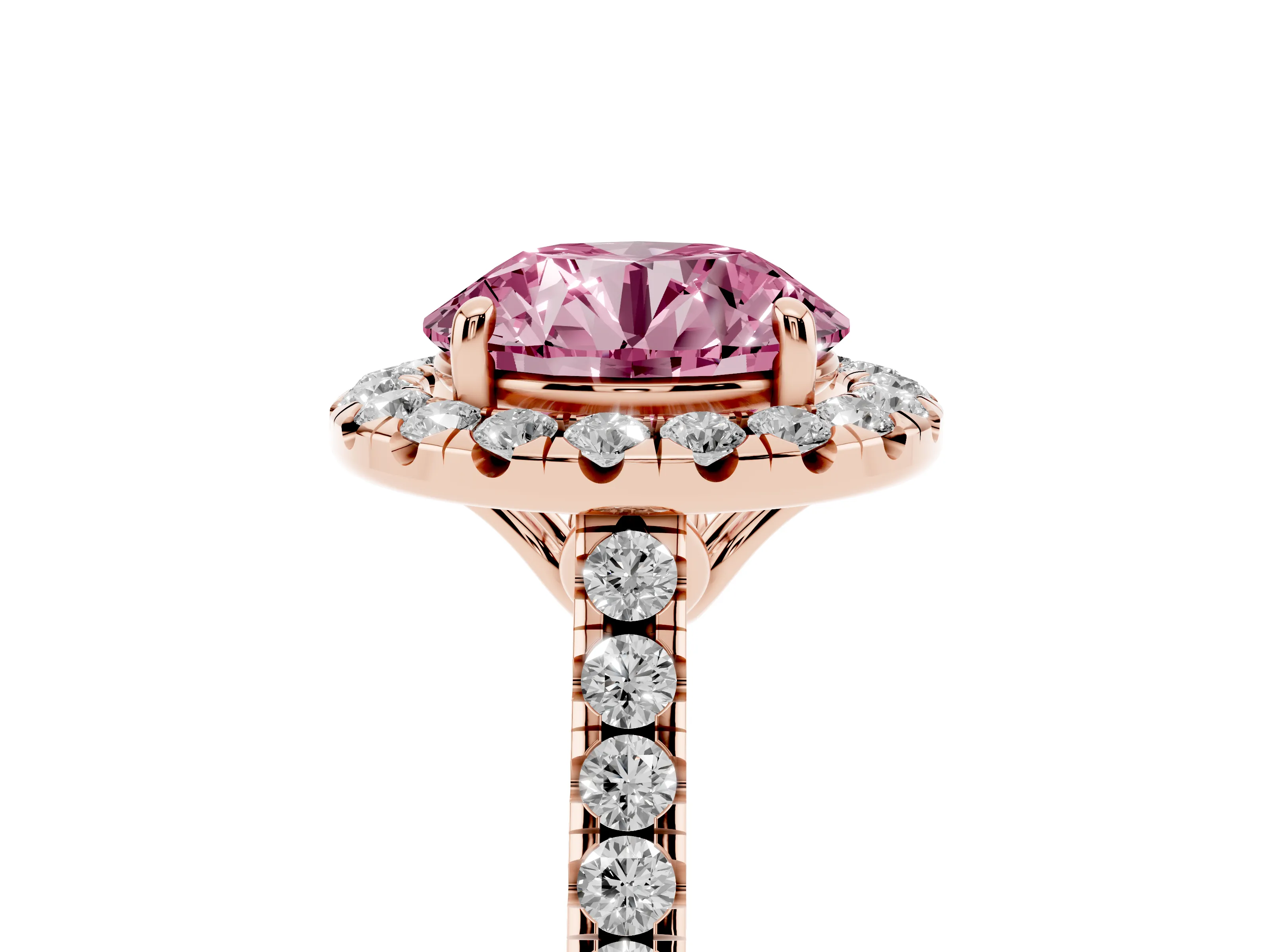 Fancy Pink Round Cut Diamond Pavé Halo Engagement Ring Set in Rose gold with Pavé Band and Prong Setting