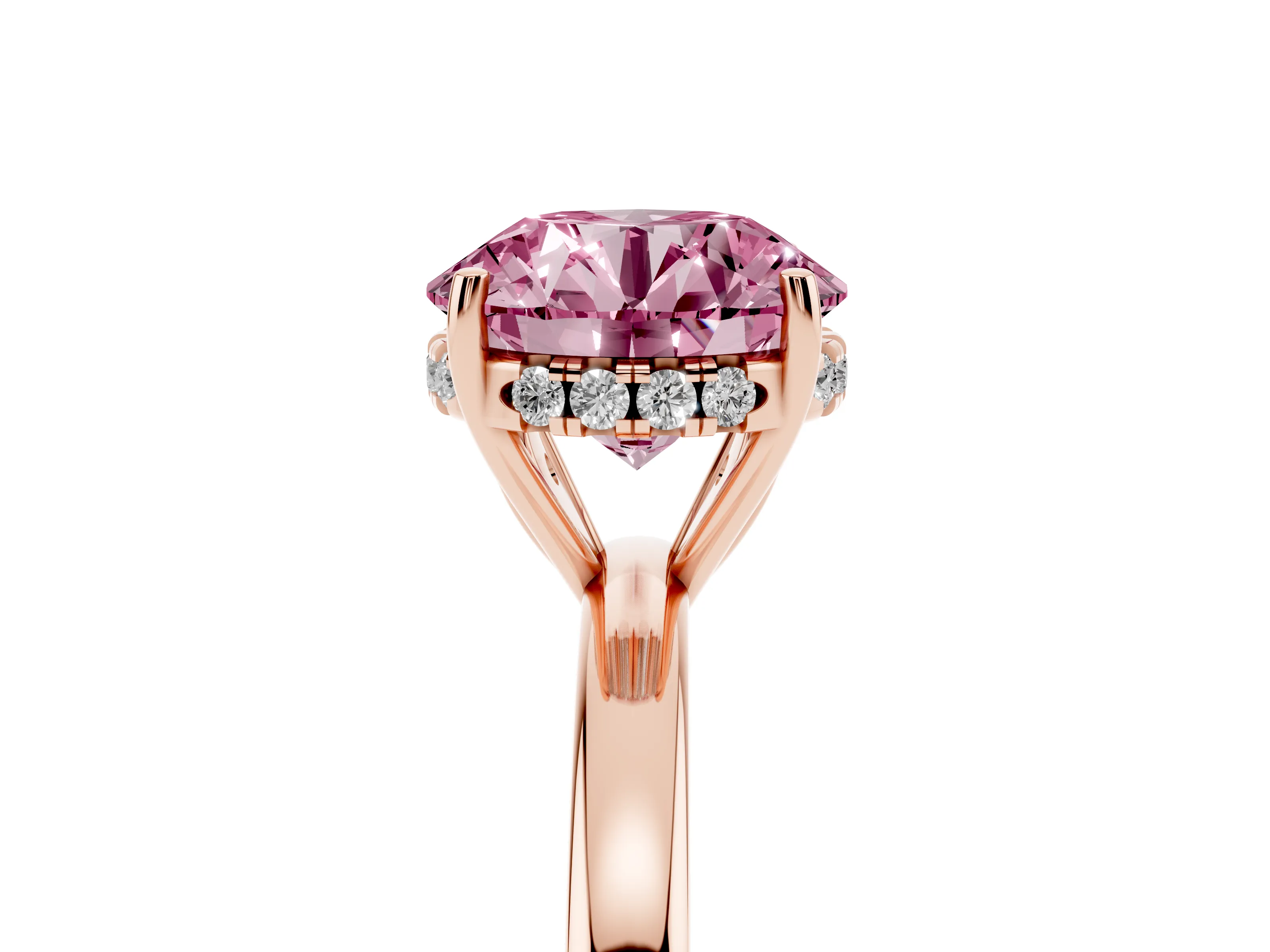 Fancy Pink Round Cut Diamond Solitaire Ring Set in Rose gold with Plain Band and Prong Setting