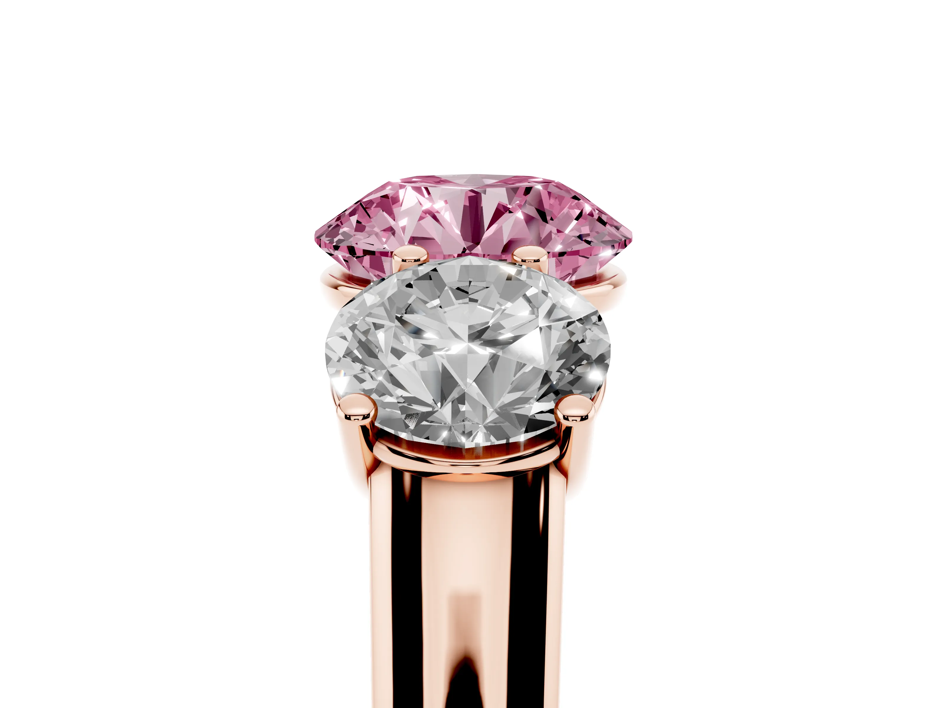 Fancy Pink Round Cut Diamond Three-Stone Ring Set in Rose gold with Plain Polished Band