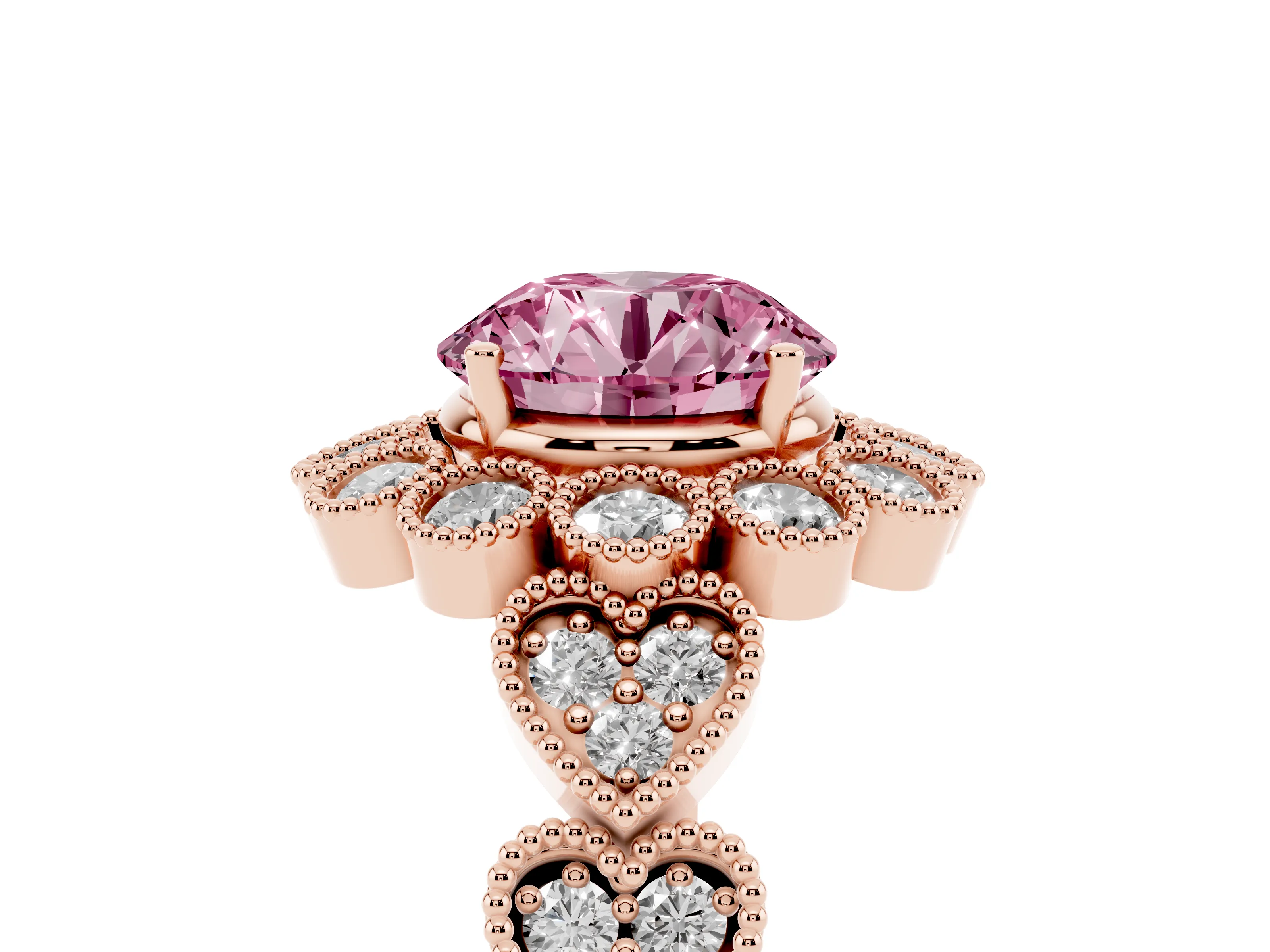 Fancy Pink Round Cut Diamond Solitaire Ring Set in Rose gold with Milgrain Pavé Heart Band