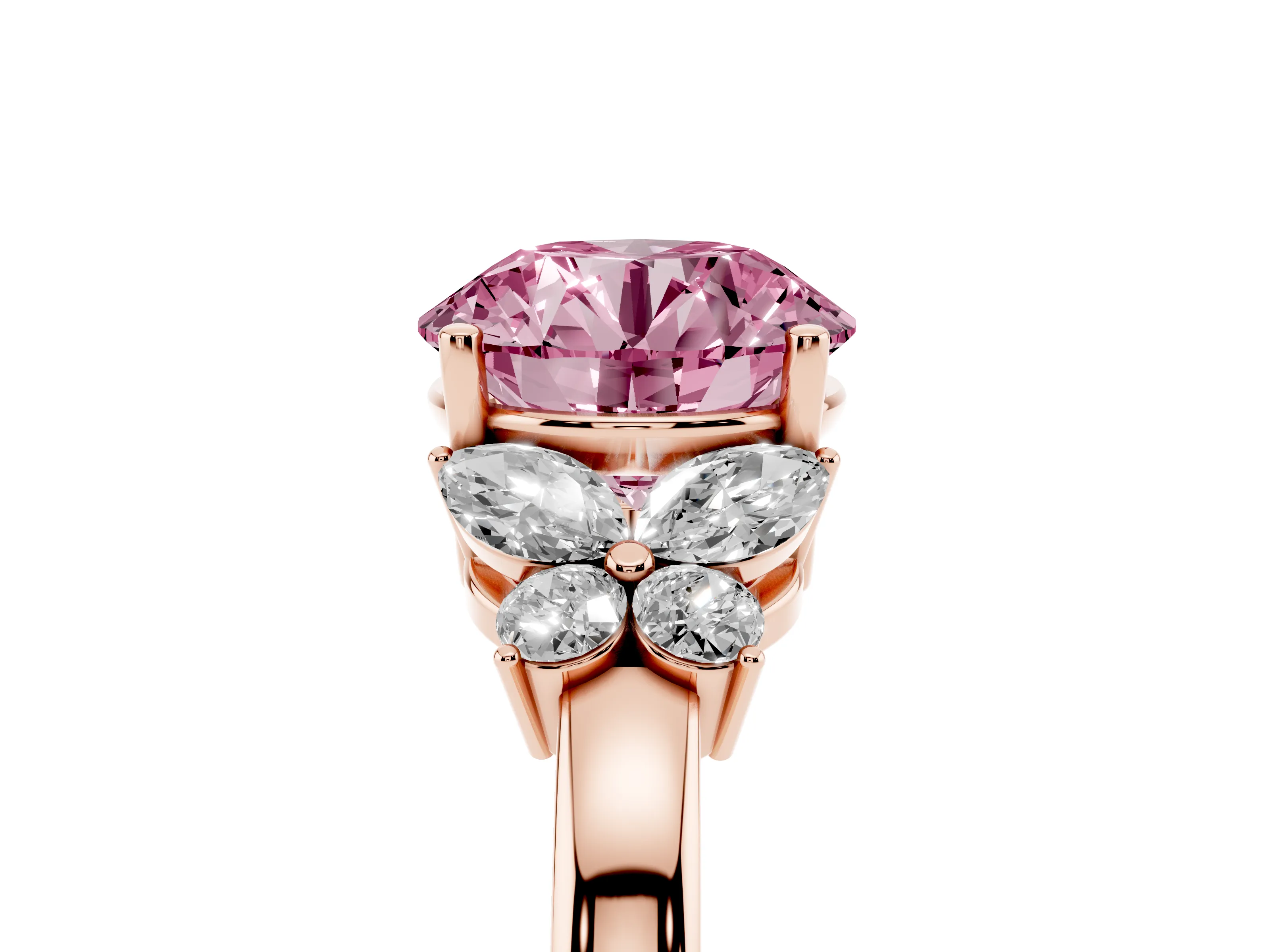 Fancy Pink Round Cut Diamond Solitaire Floral Ring Set in Rose gold with Marquise Petals and Prong Setting