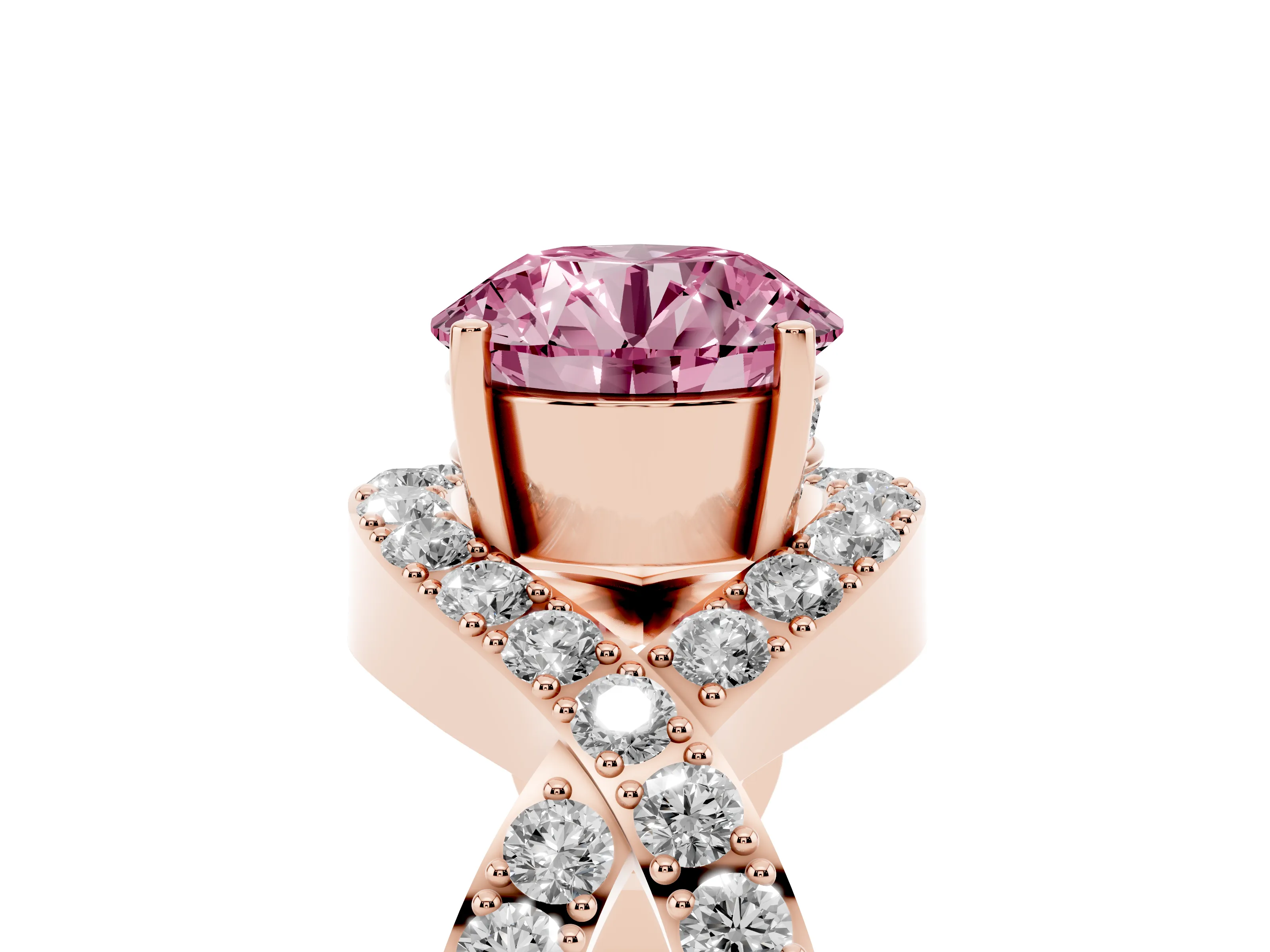 Fancy Pink Round Cut Diamond Solitaire Twist Band Pavé Engagement Ring Set in Rose gold