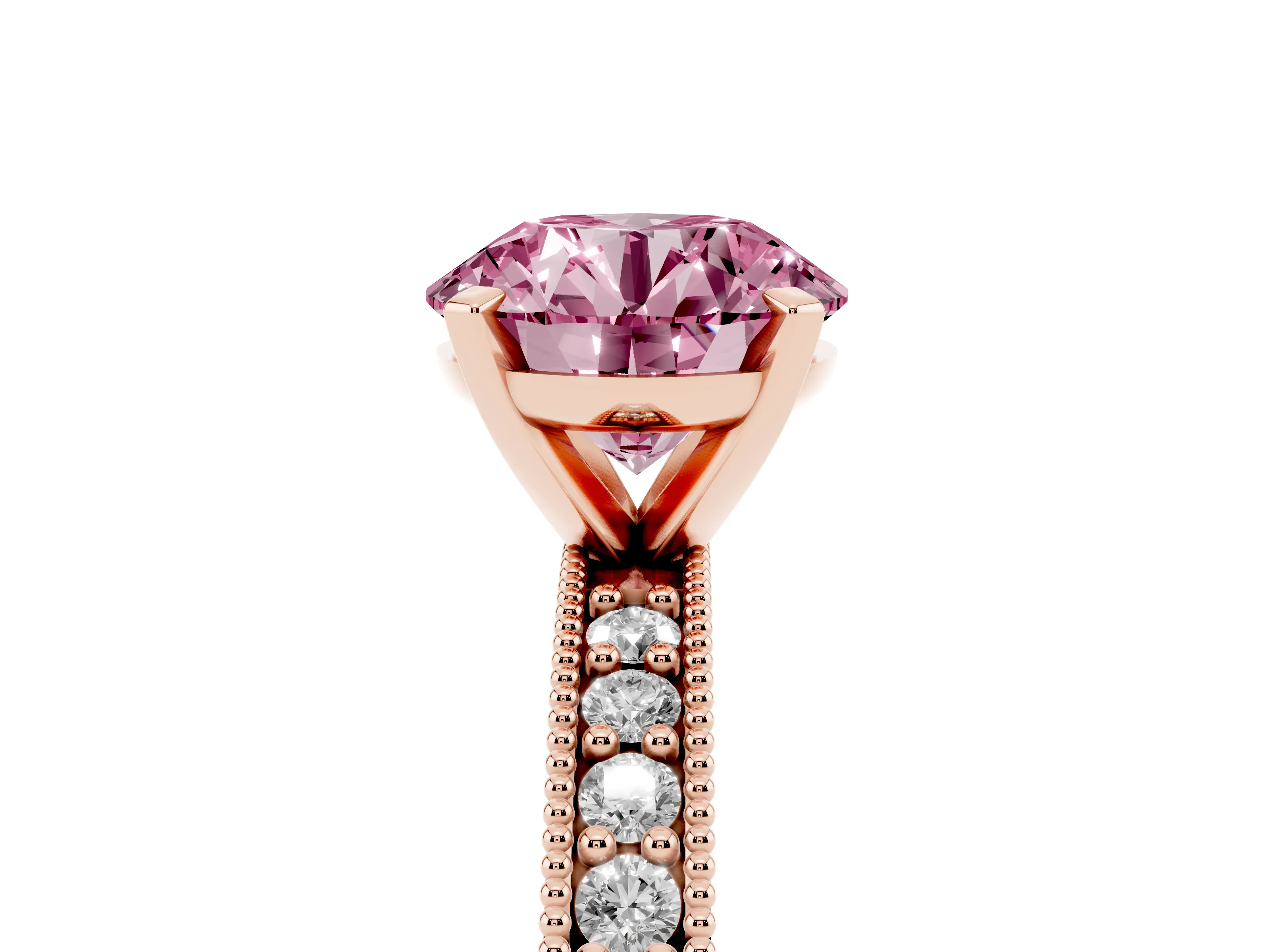 Fancy Pink Round Cut Diamond Milgrain Pavé Engagement Ring Set in Rose gold with Prong Setting