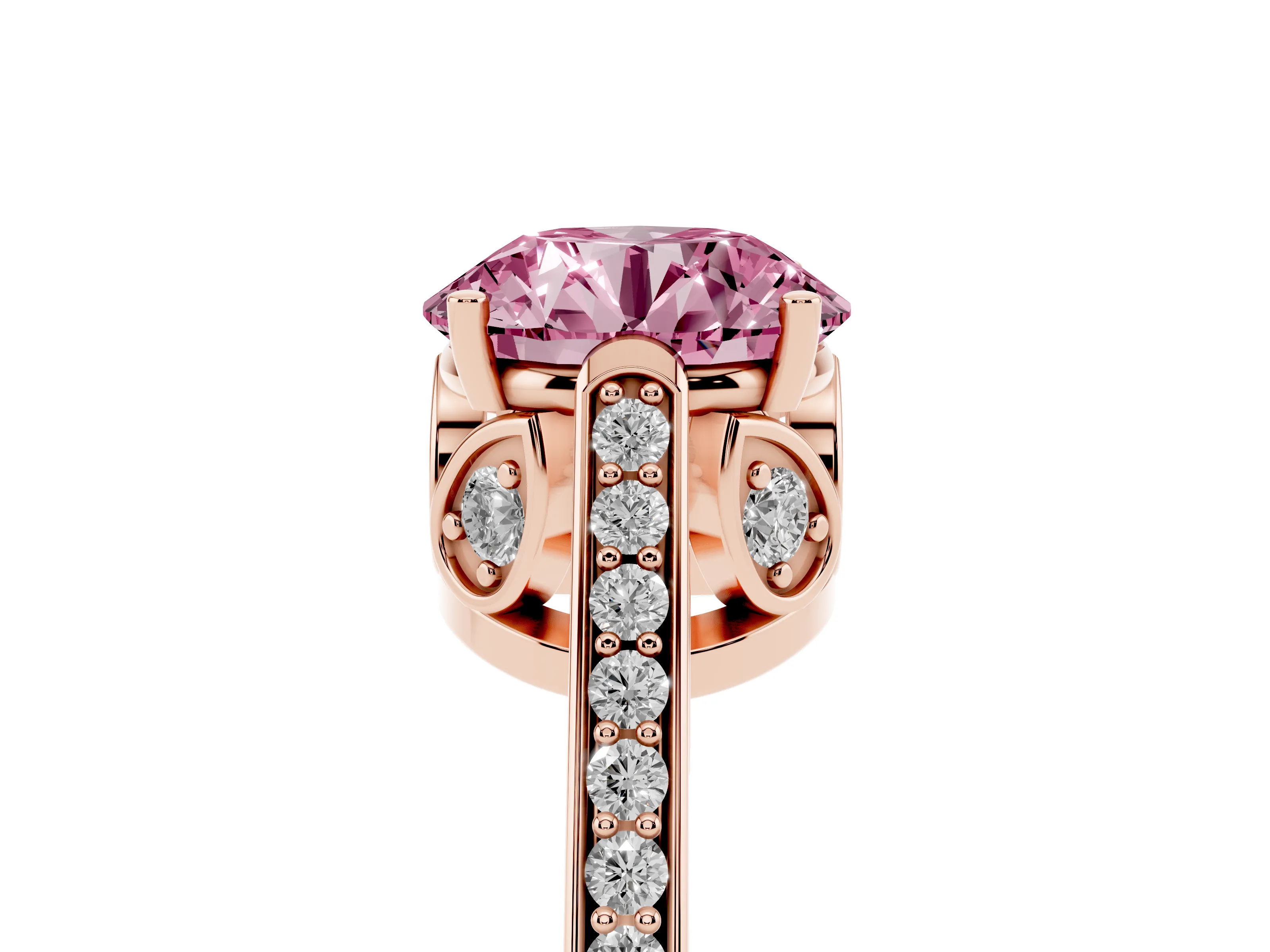 Fancy Pink Round Cut Diamond Cathedral Pavé Engagement Ring Set in Rose gold with Prong Setting