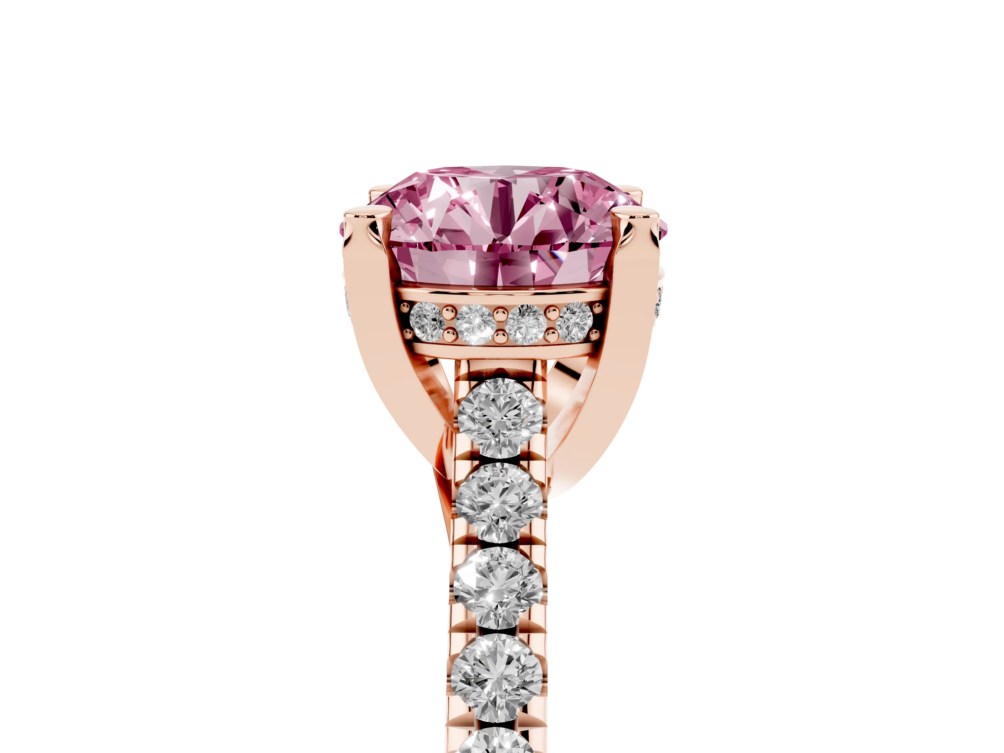 Fancy Pink Round Cut Diamond Solitaire Ring Set in Rose gold with Brilliant Pavé Band and Prong Setting