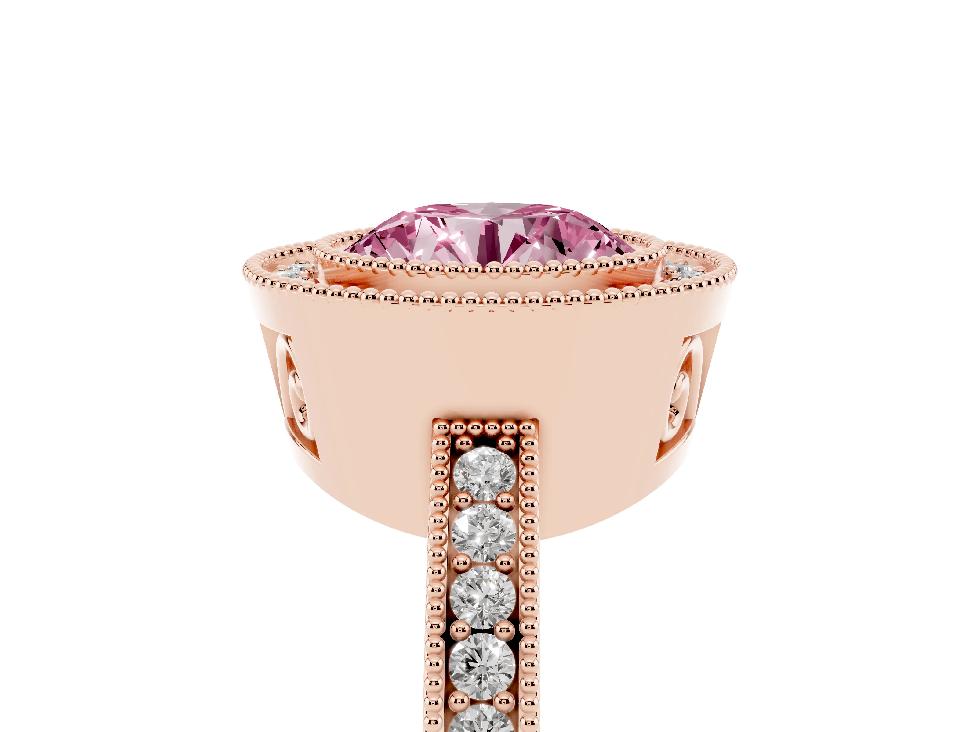 Fancy Pink Round Cut Diamond Round Halo Ring Set in Rose gold with Pavé Band