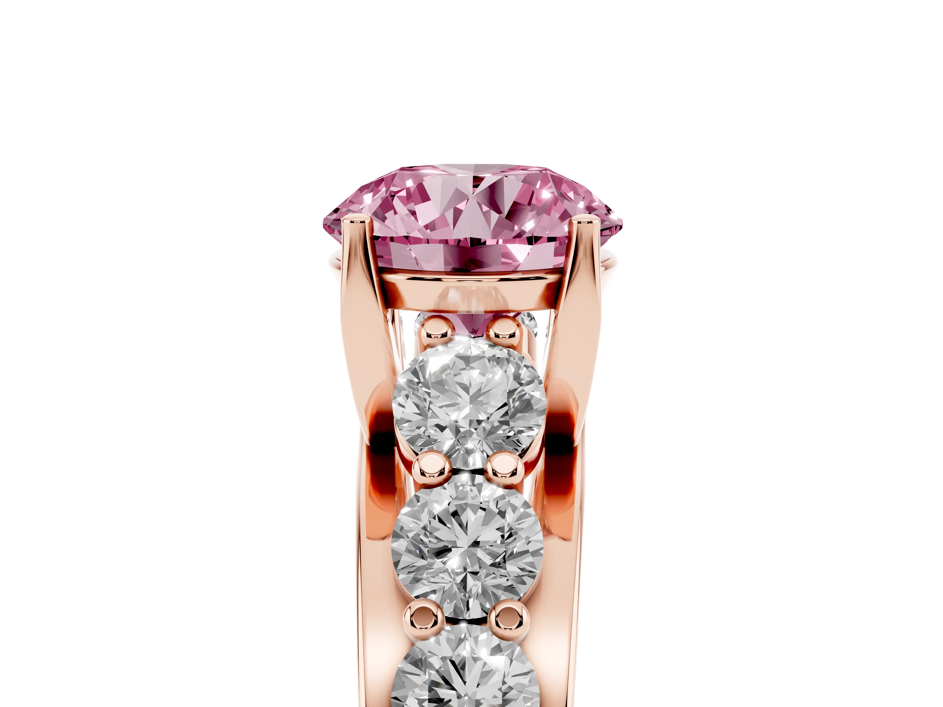 Fancy Pink Round Cut Diamond Pavé Engagement Ring Set in Rose gold with Prong Setting