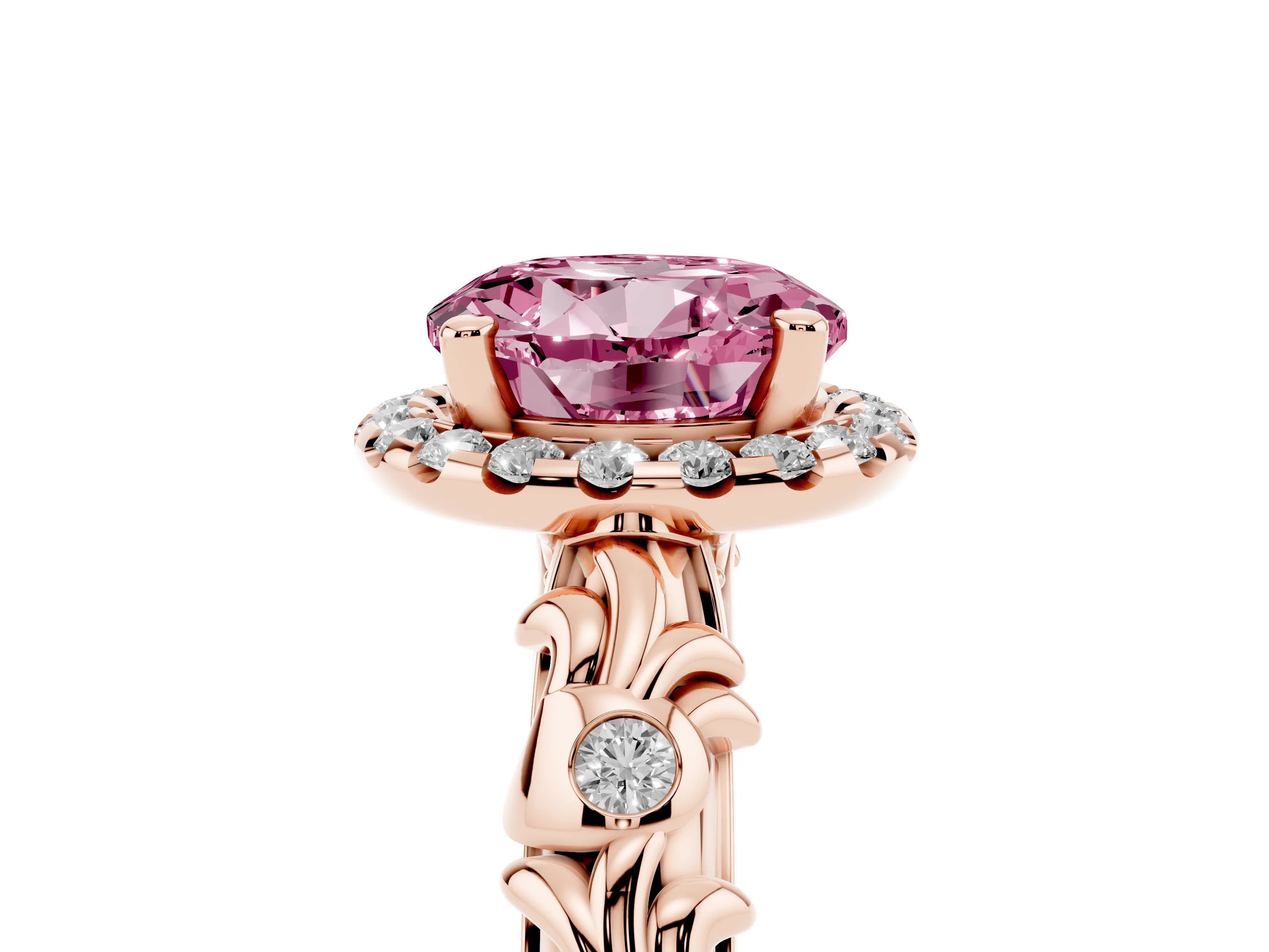 Fancy Pink Round Cut Diamond Halo Ring Set in Rose gold with Filigree Leaf Band and Prong Setting