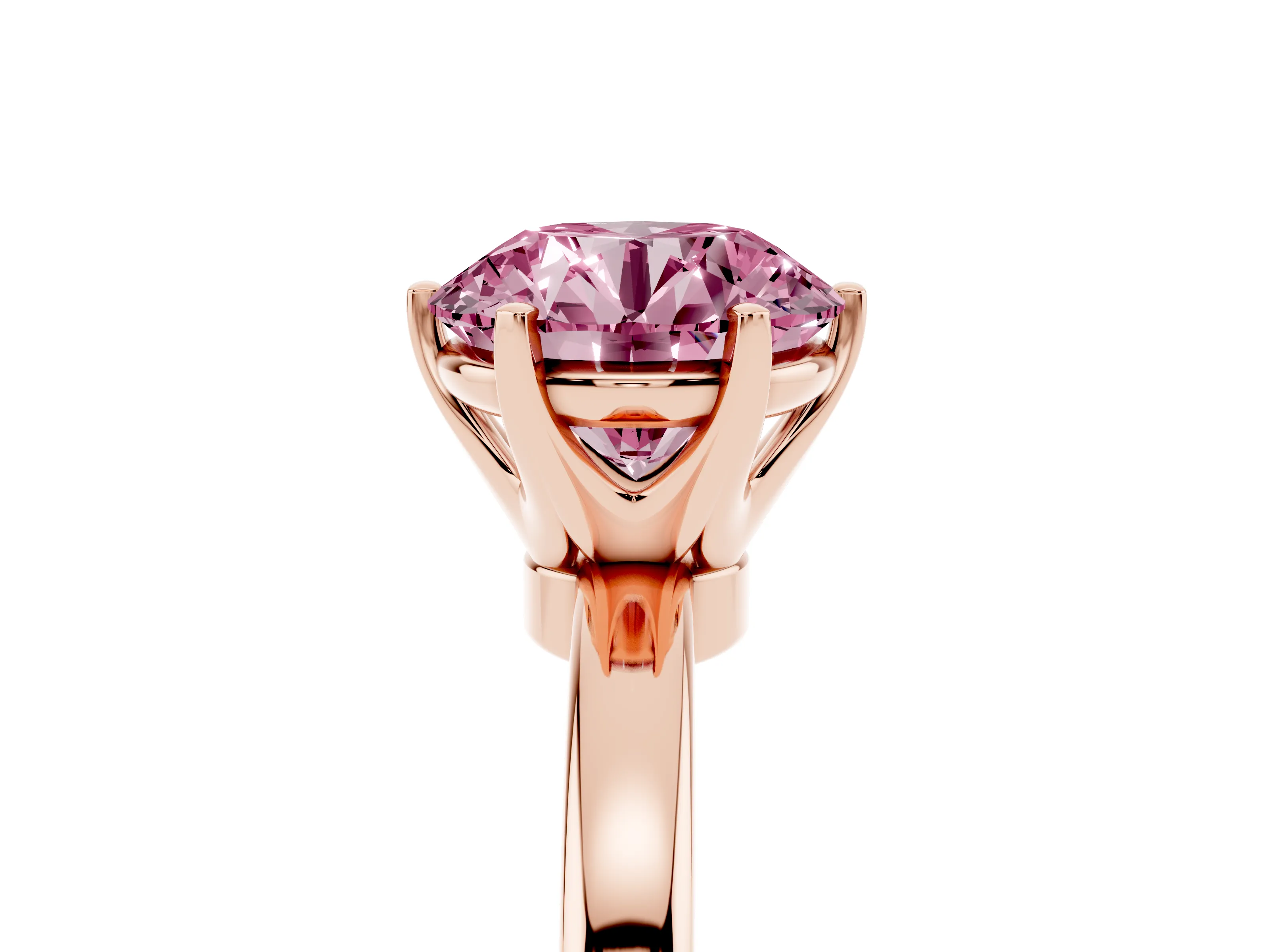 Fancy Pink Round Cut Diamond Solitaire Ring Set in Rose gold with Raised Prong Setting on a Classic Band