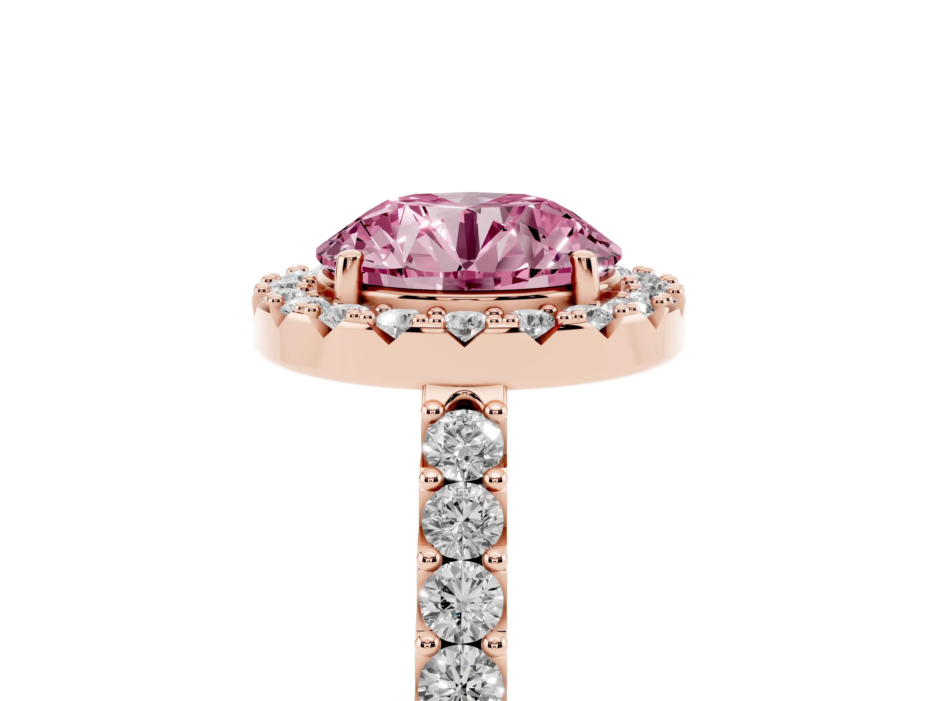 Fancy Pink Round Cut Diamond Halo Pavé Solitaire Ring Set in Rose gold with Prong-Set Center Stone